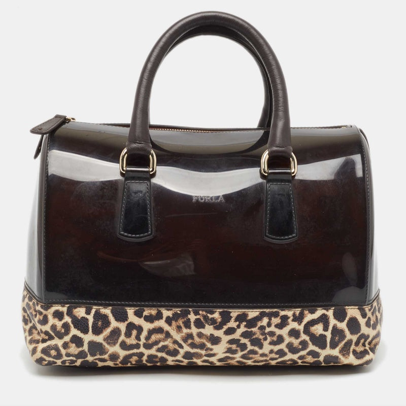 Furla Dark Brown/Beige Rubber and Leopard Print Leather Medium Candy Satchel