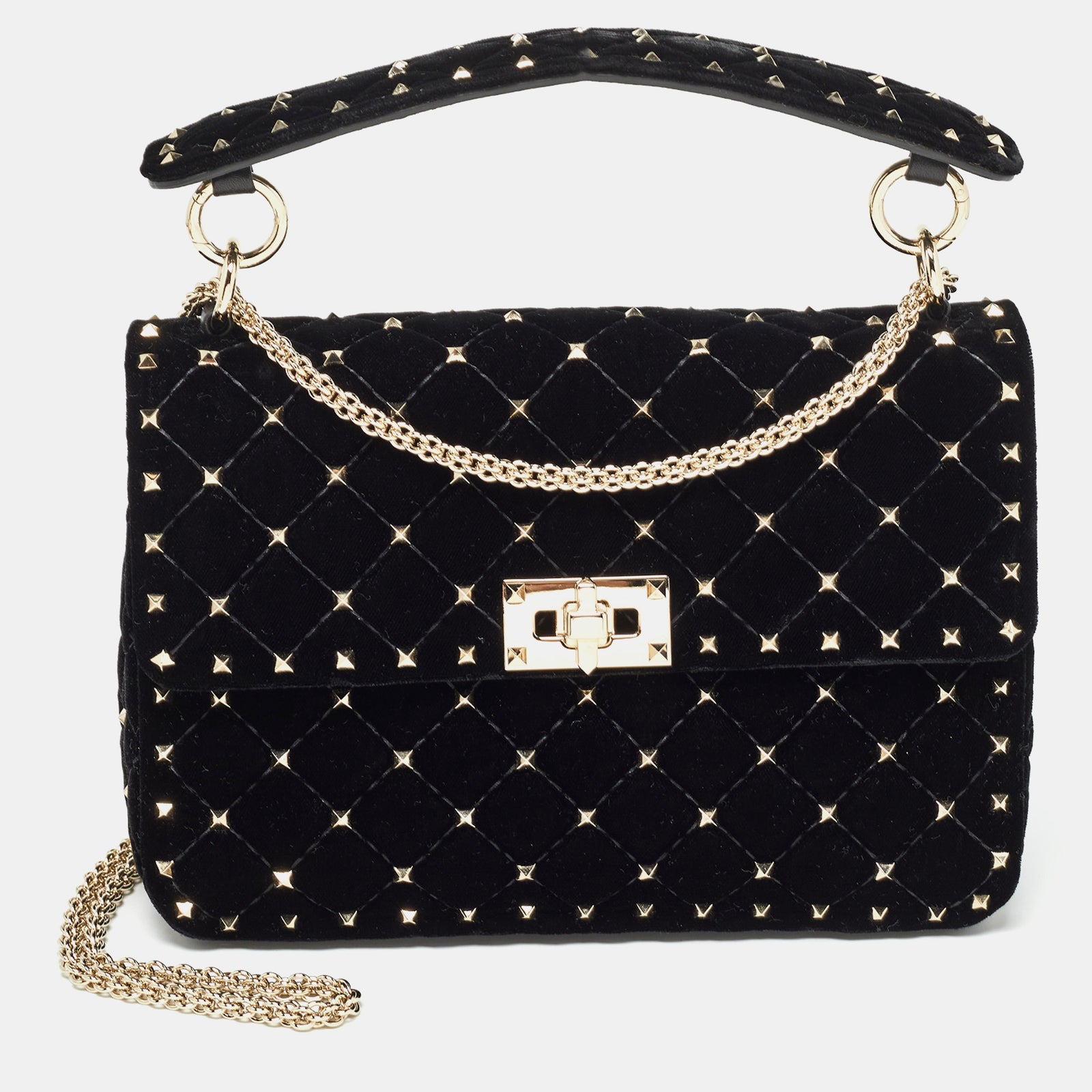 Valentino Black Quilted Velvet Medium Rockstud Spike Top Handle Bag