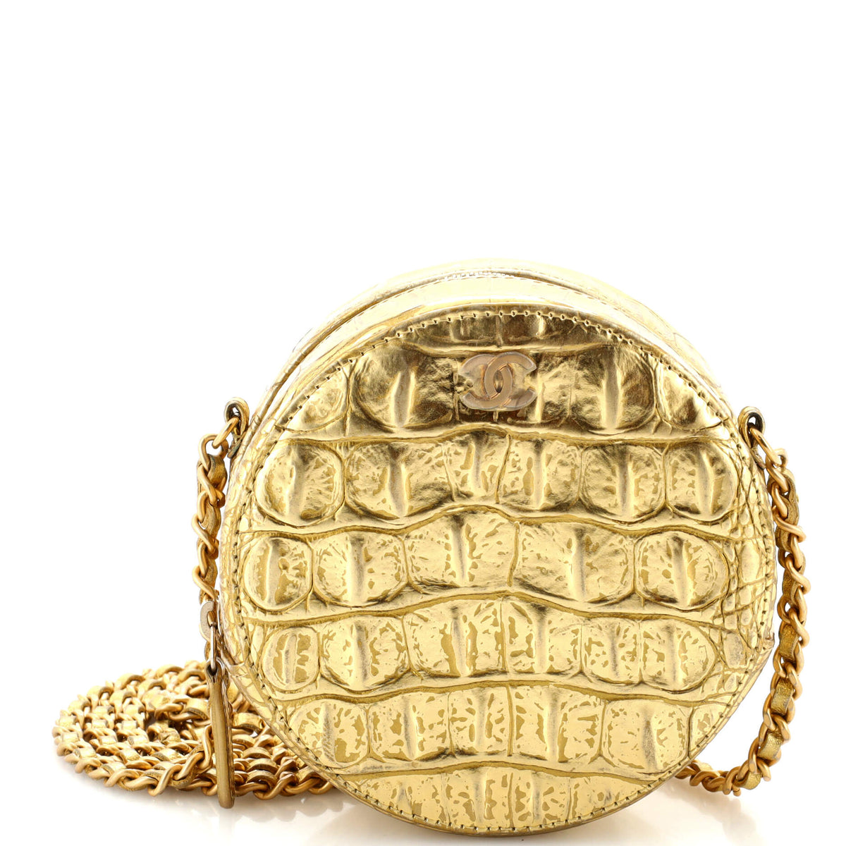 Chanel CHANEL Round Clutch with Chain Crocodile Embossed Metallic Calfskin