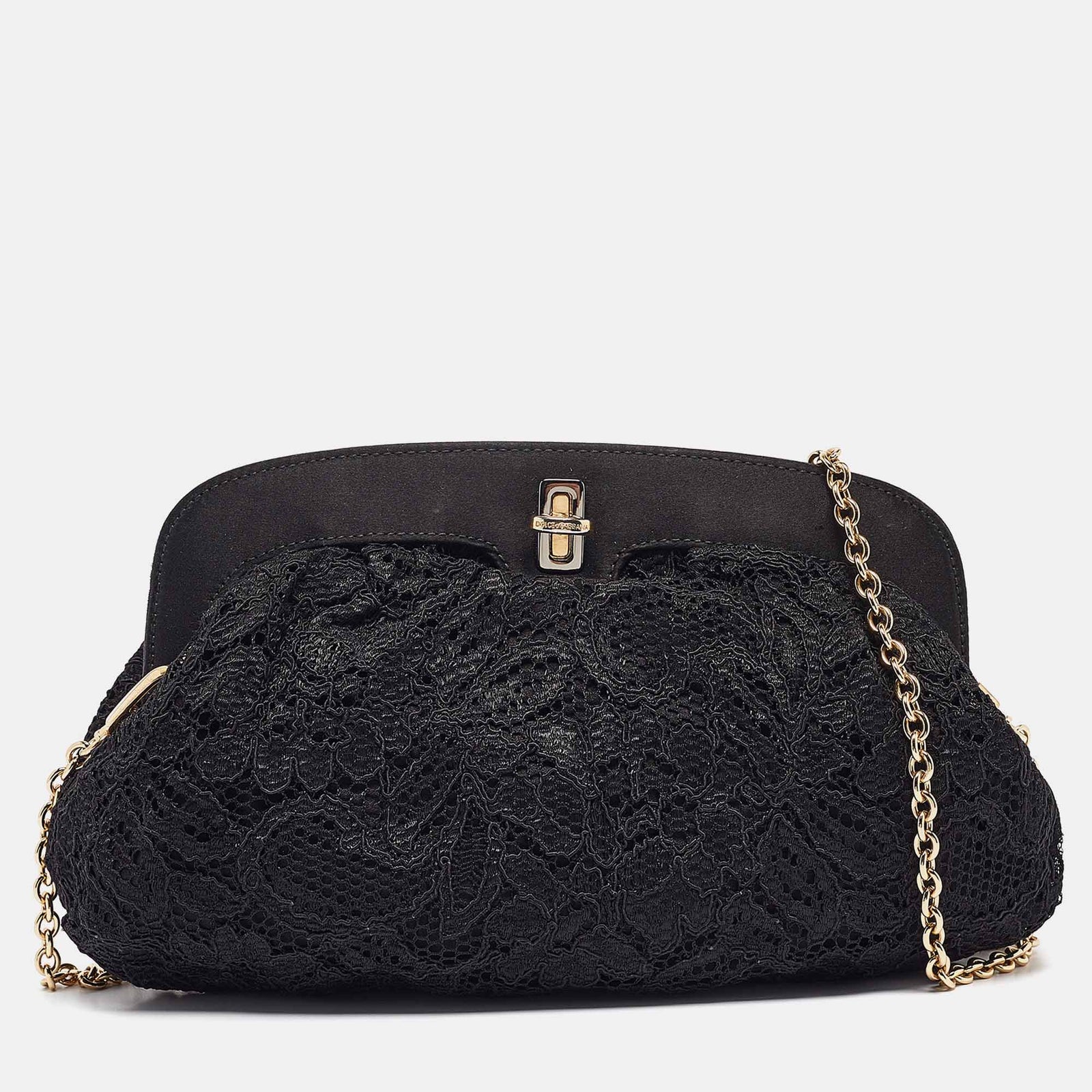 Dolce & Gabbana Schwarze Clutch mit Kettenverschluss aus Spitze und Satin mit Drehverschluss