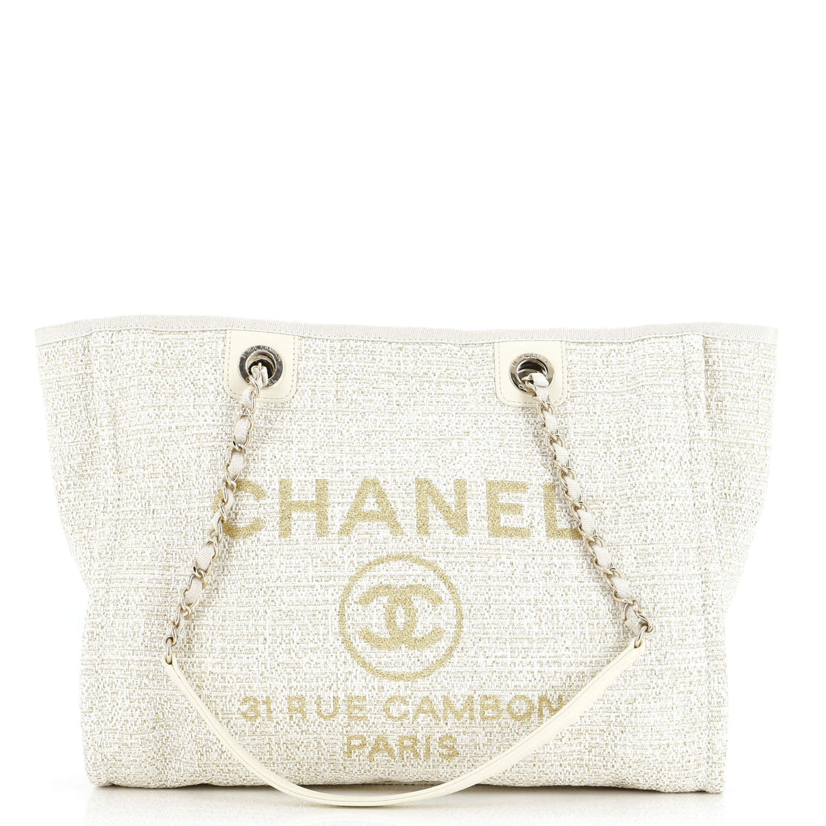 Chanel CHANEL Deauville Tote Raffia with Glitter Detail Small