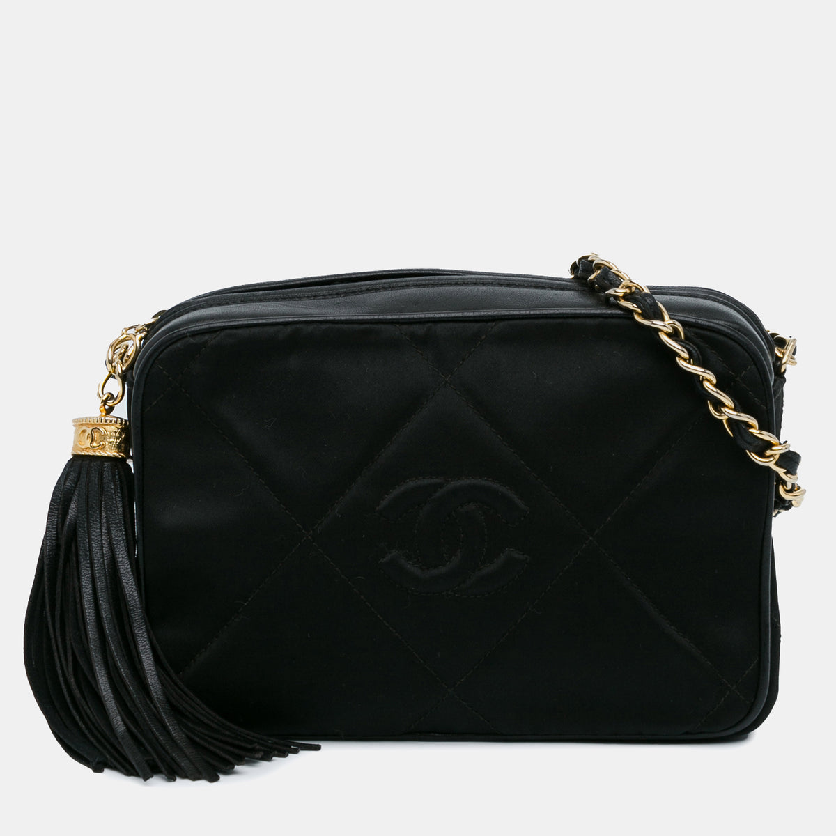 Chanel Black Lambskin Leather Matelasse Tassel Camera Bag