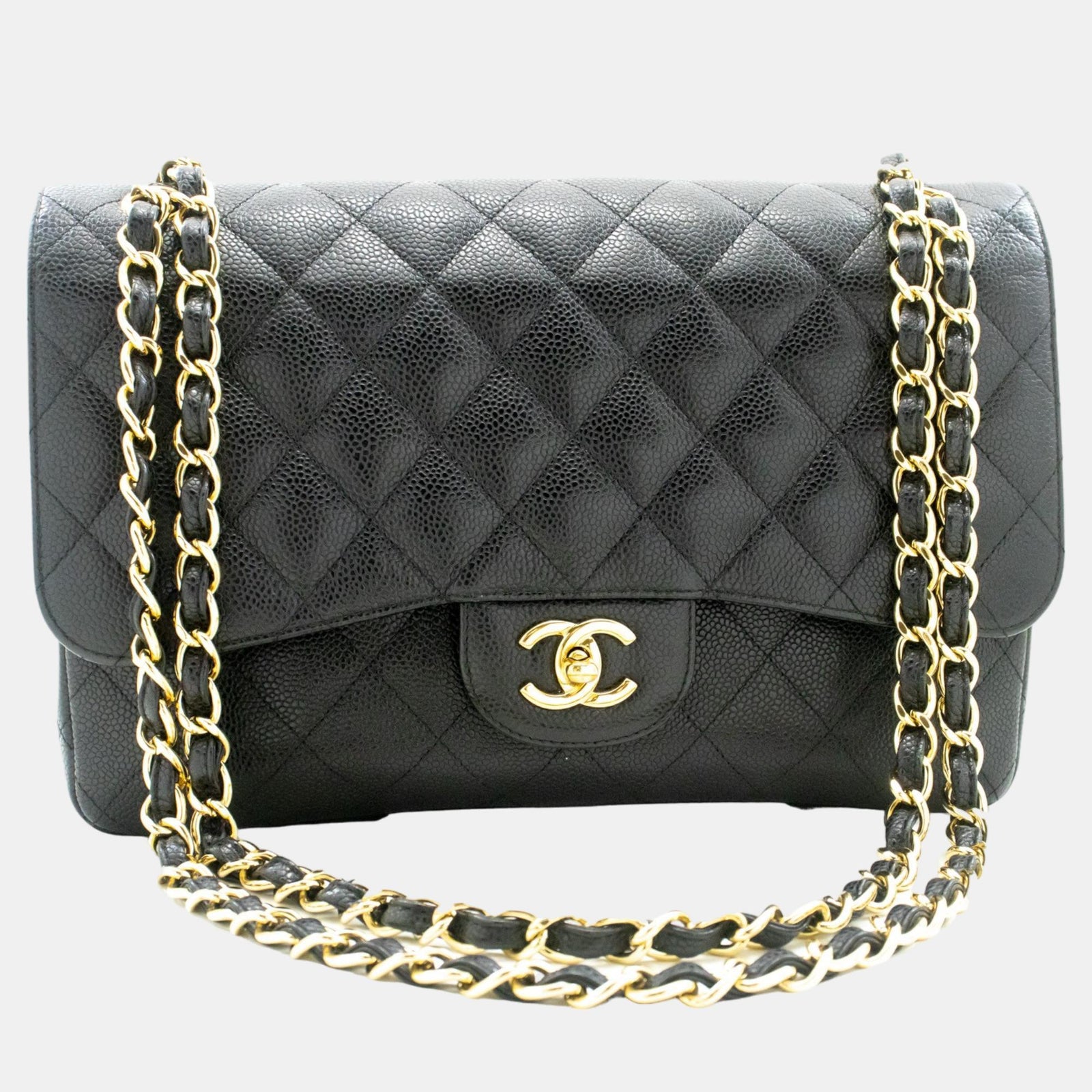 Chanel Black Caviar Leather Large Classic Double Flap Shoulder Bag