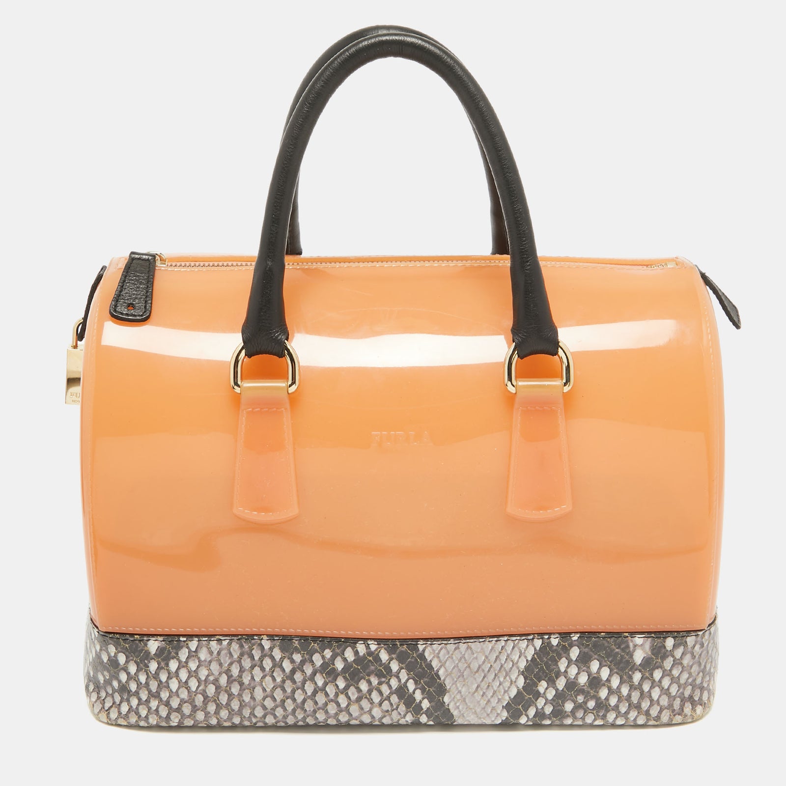 Furla Mittelgroße Candy Satchel aus orange-grauem Gummi und Leder mit Python-Print