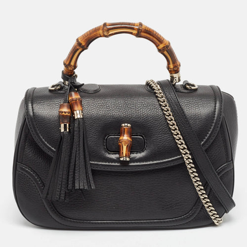 Black Leather Large New Bamboo Tassel Top Handle Bag