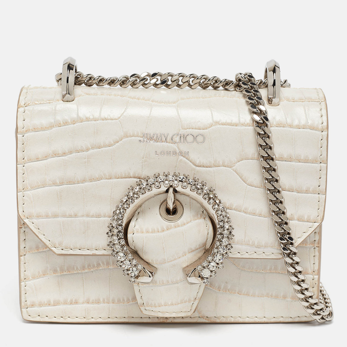 Jimmy Choo Cream Croc Embossed Leather Mini Paris Crossbody Bag
