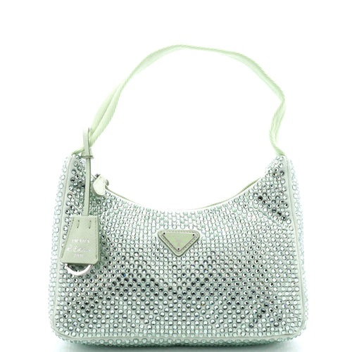 PRADA Re-Edition 2000 Hobo Crystal Embellished Satin Mini