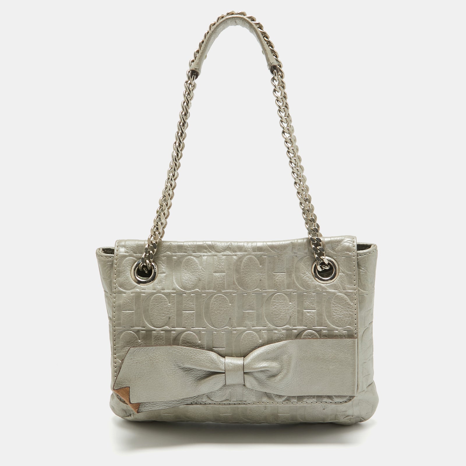 Carolina Herrera Grey Monogram Embossed Leather Audrey Flap Shoulder Bag