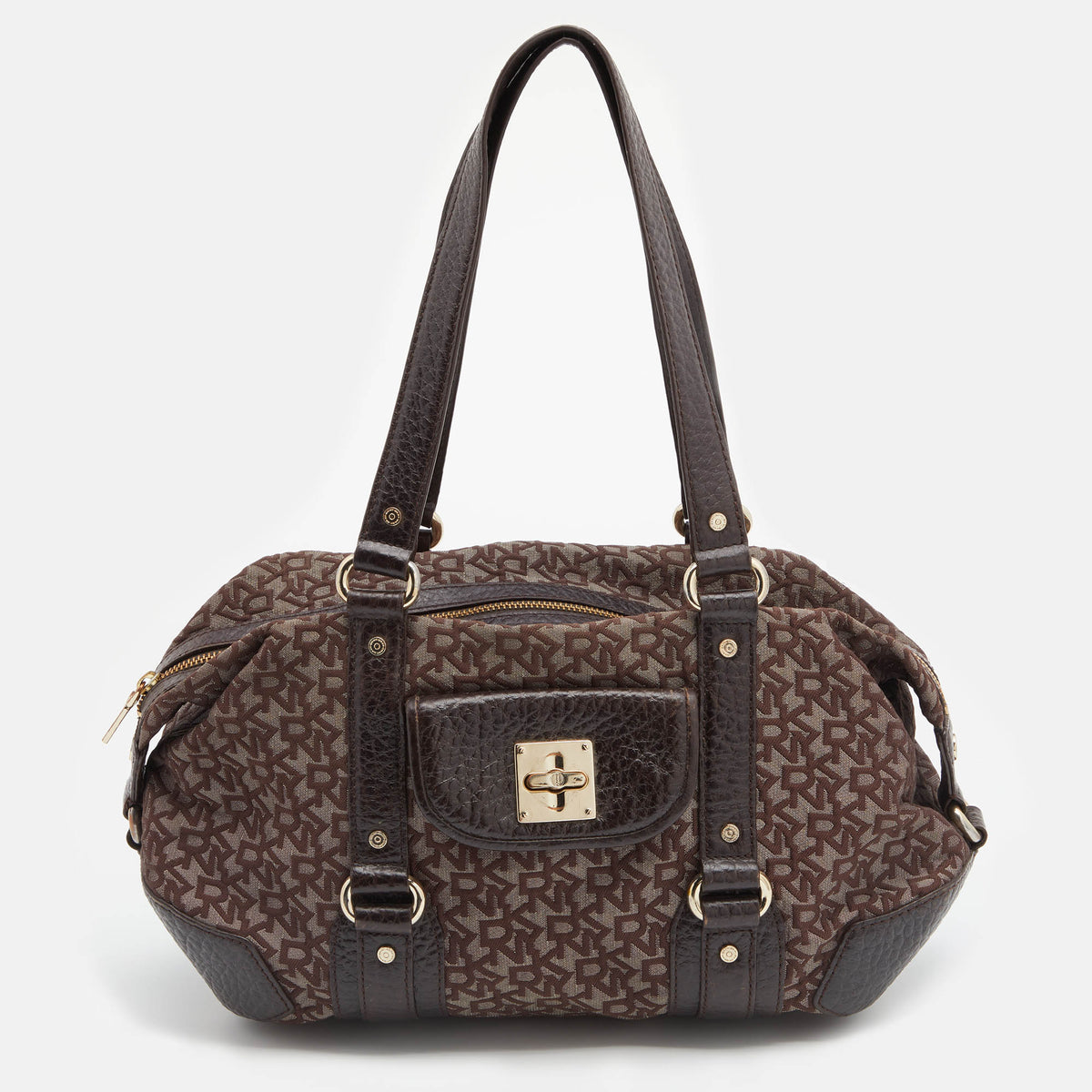 DKNY DKNY Dark Brown Monogram Canvas And Leather Satchel