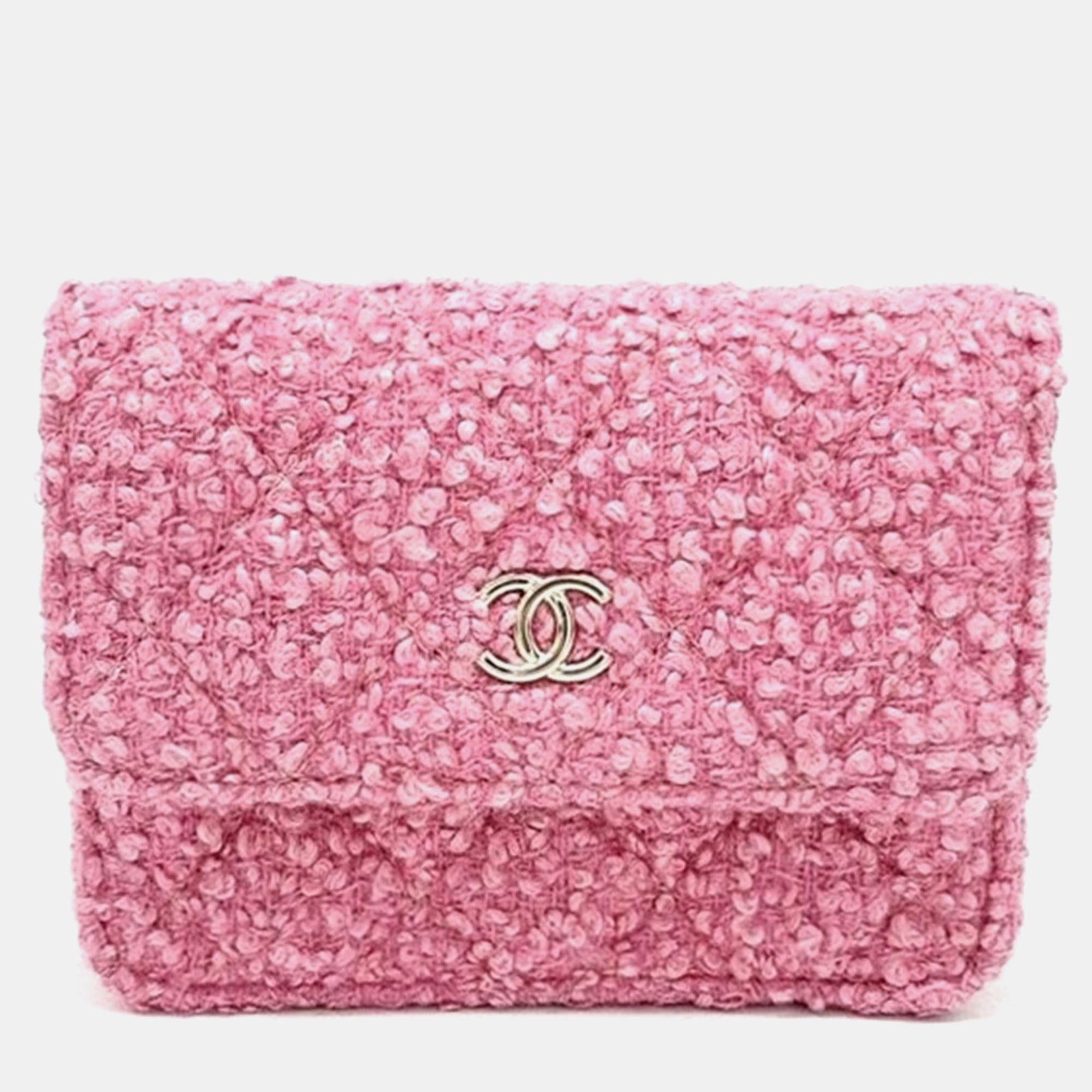 Chanel Mini sac ceinture à chaîne en tweed rose