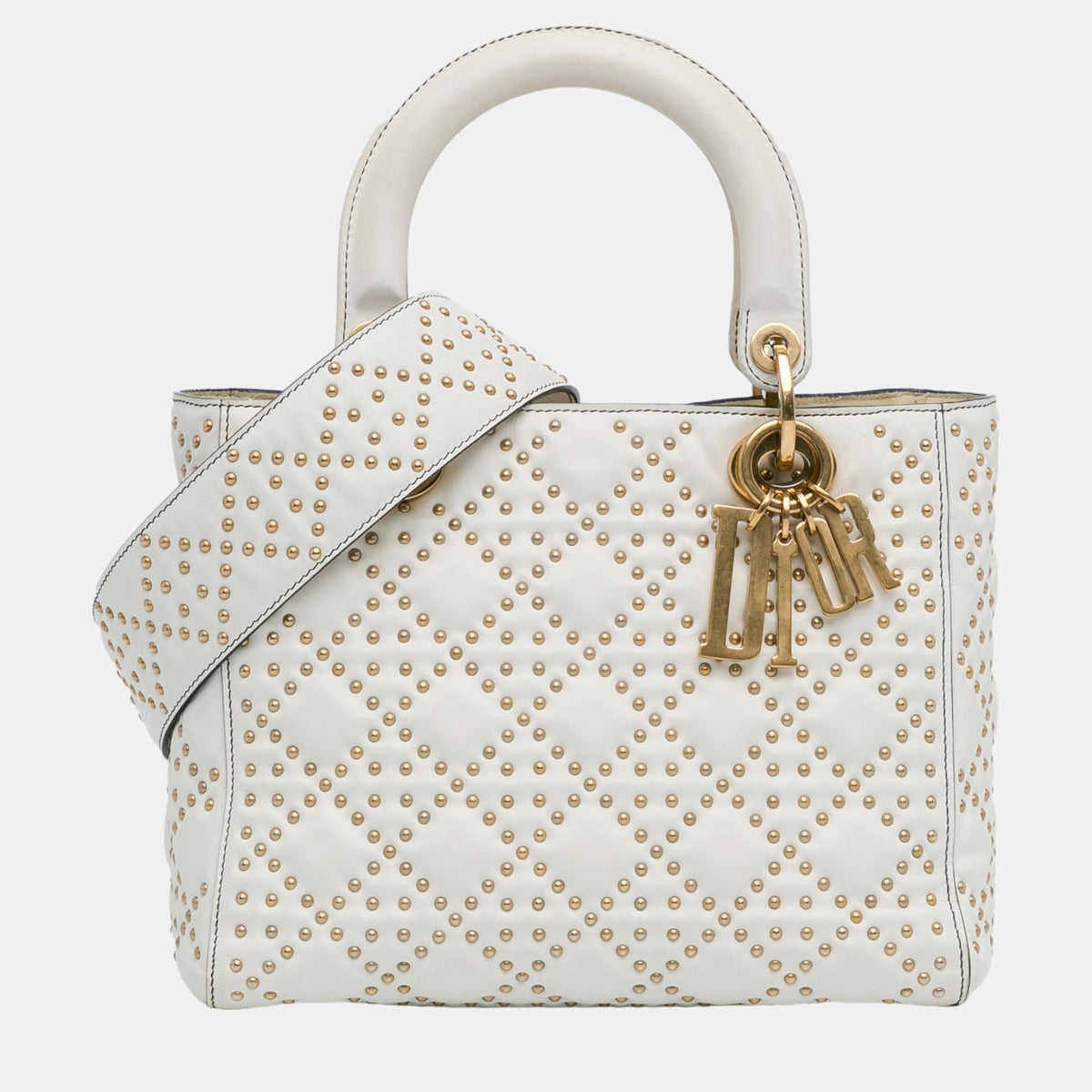 Dior White Lambskin Leather Medium Cannage Studded Supple Lady Tote Bag