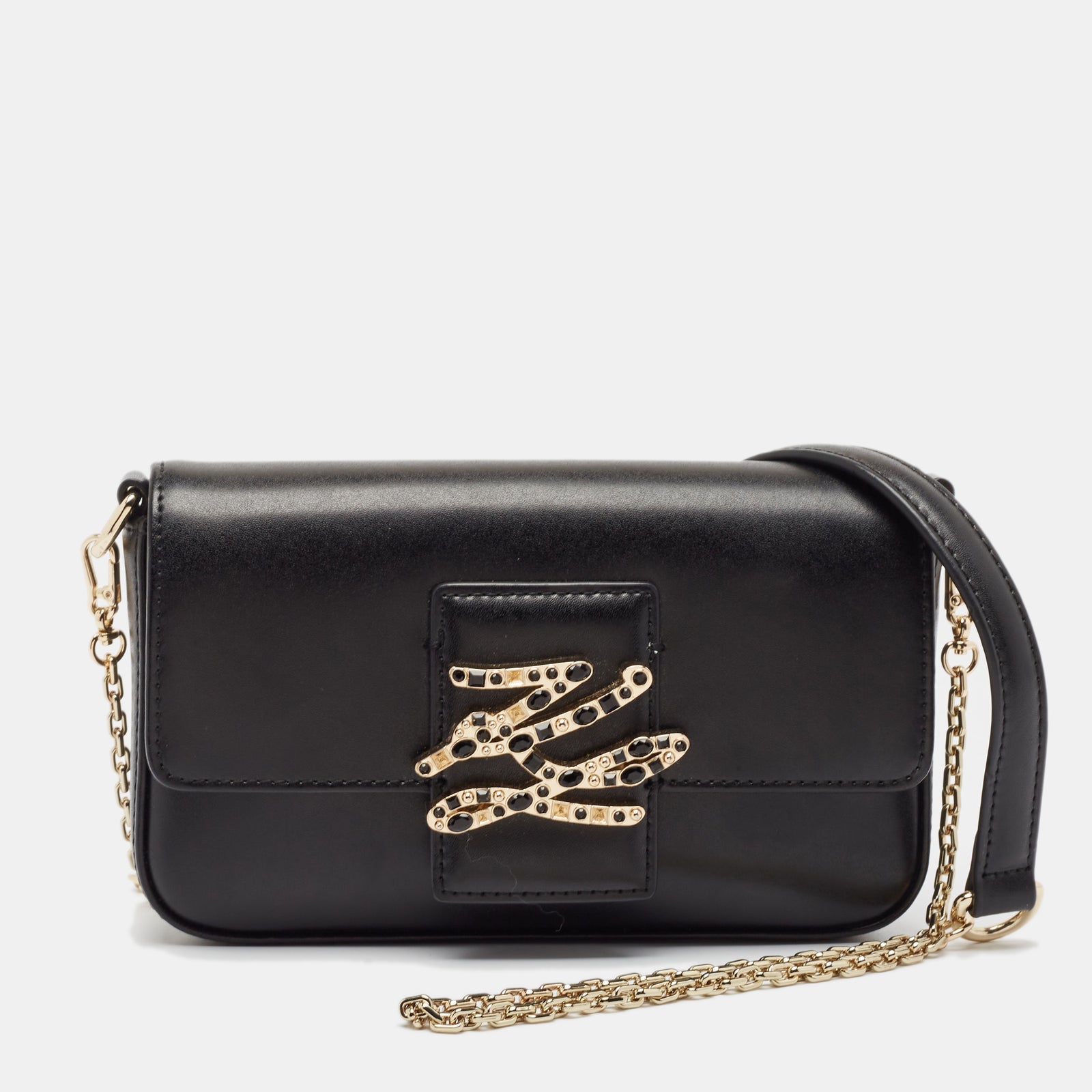 Karl Lagerfeld Black Leather K/Autograph Sparkle Shoulder Bag