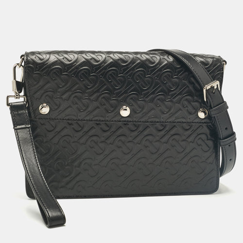 Black TB Embossed Leather Messenger Bag