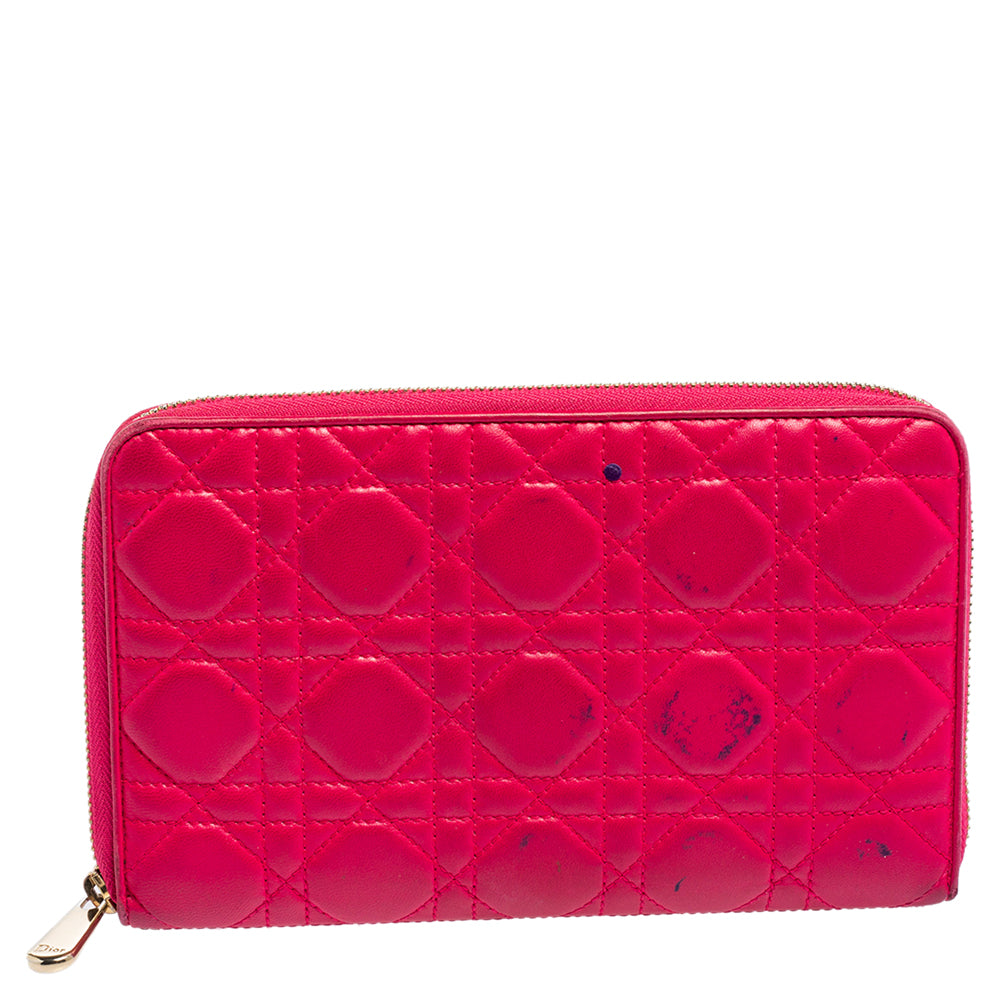 Dior Pink Cannage Leather Zip Around Organizer Wallet