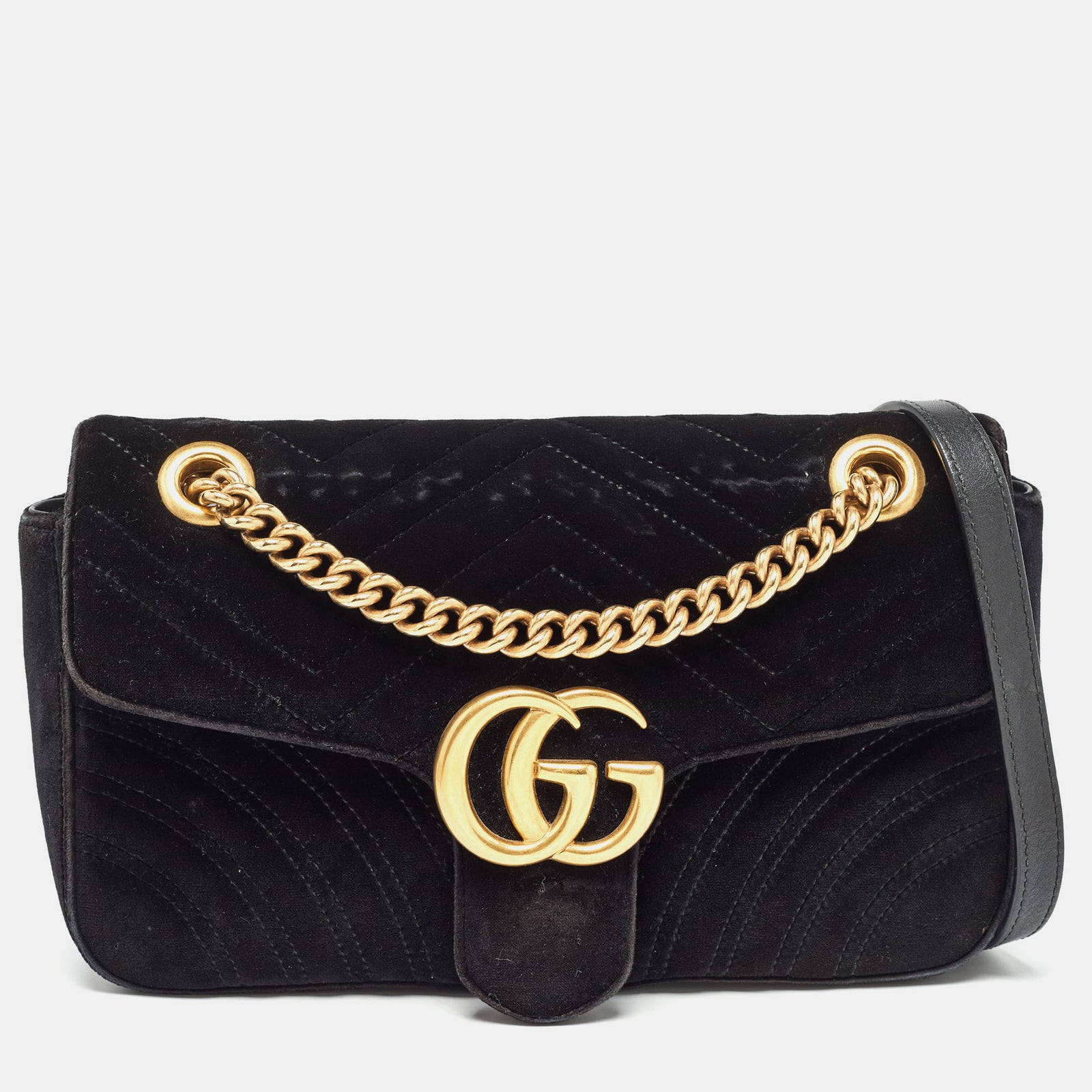 Gucci Kleine GG Marmont Schultertasche aus Matelassé-Samt in Schwarz