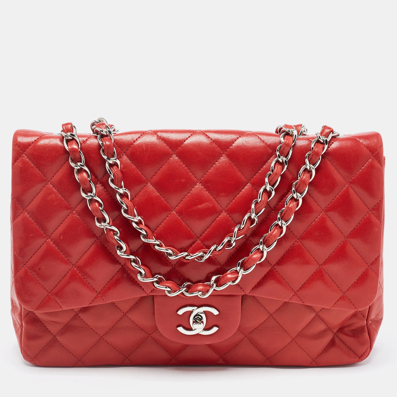 Chanel Red Quilted Leather Jumbo Classic Single Flap Bag