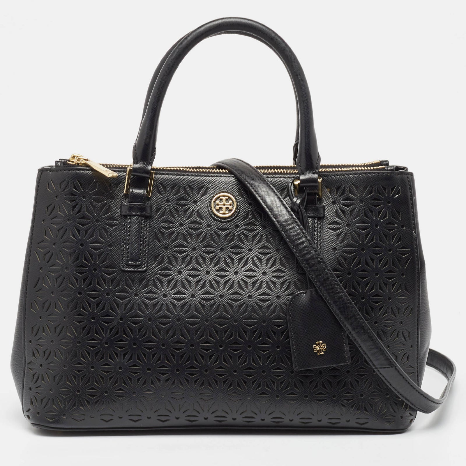 Tory Burch Black Laser Cut Saffiano Leather Double Zip Robinson Tote