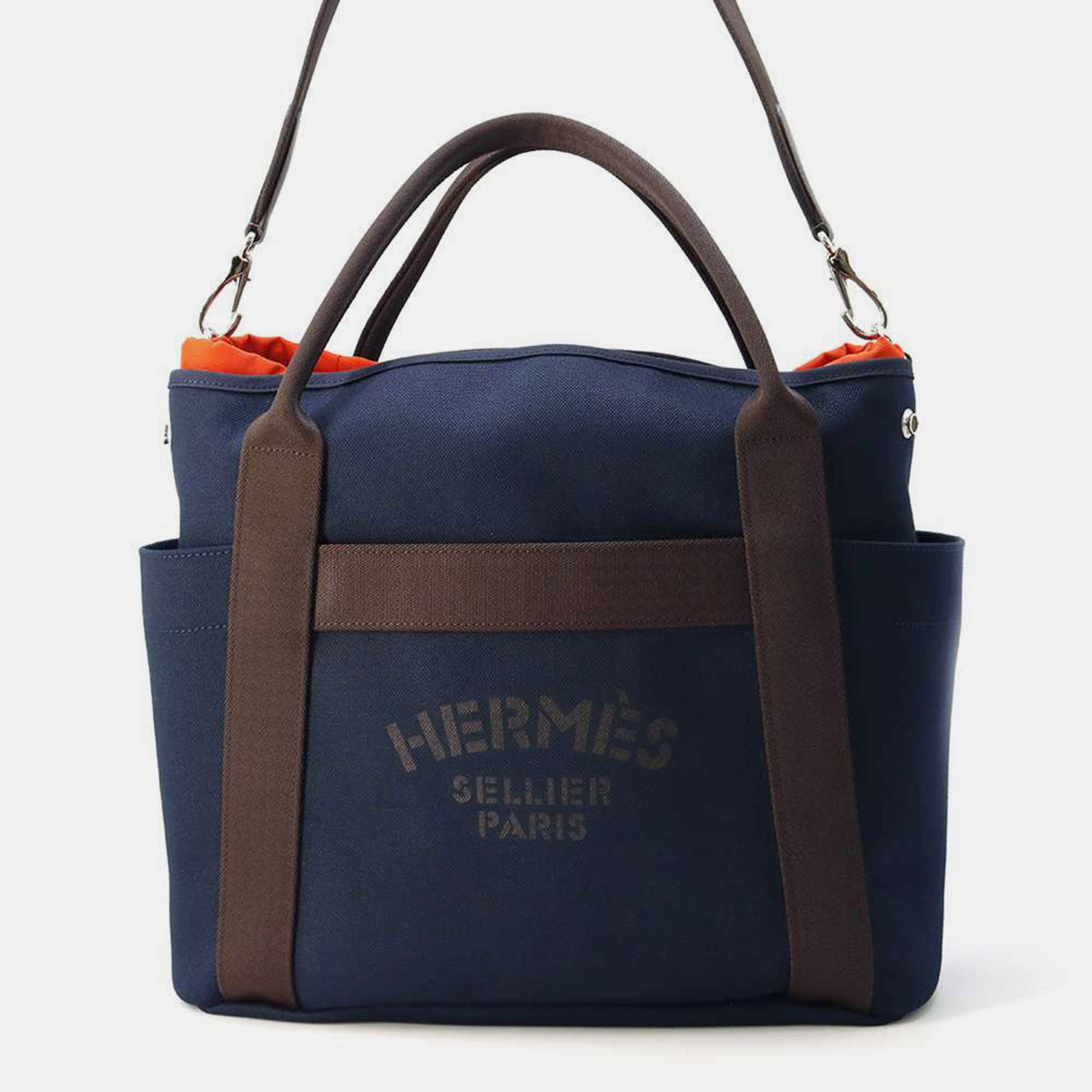 Hermès Navy/Feu Toile Chevrons Canvas Sacked Pansage Bag