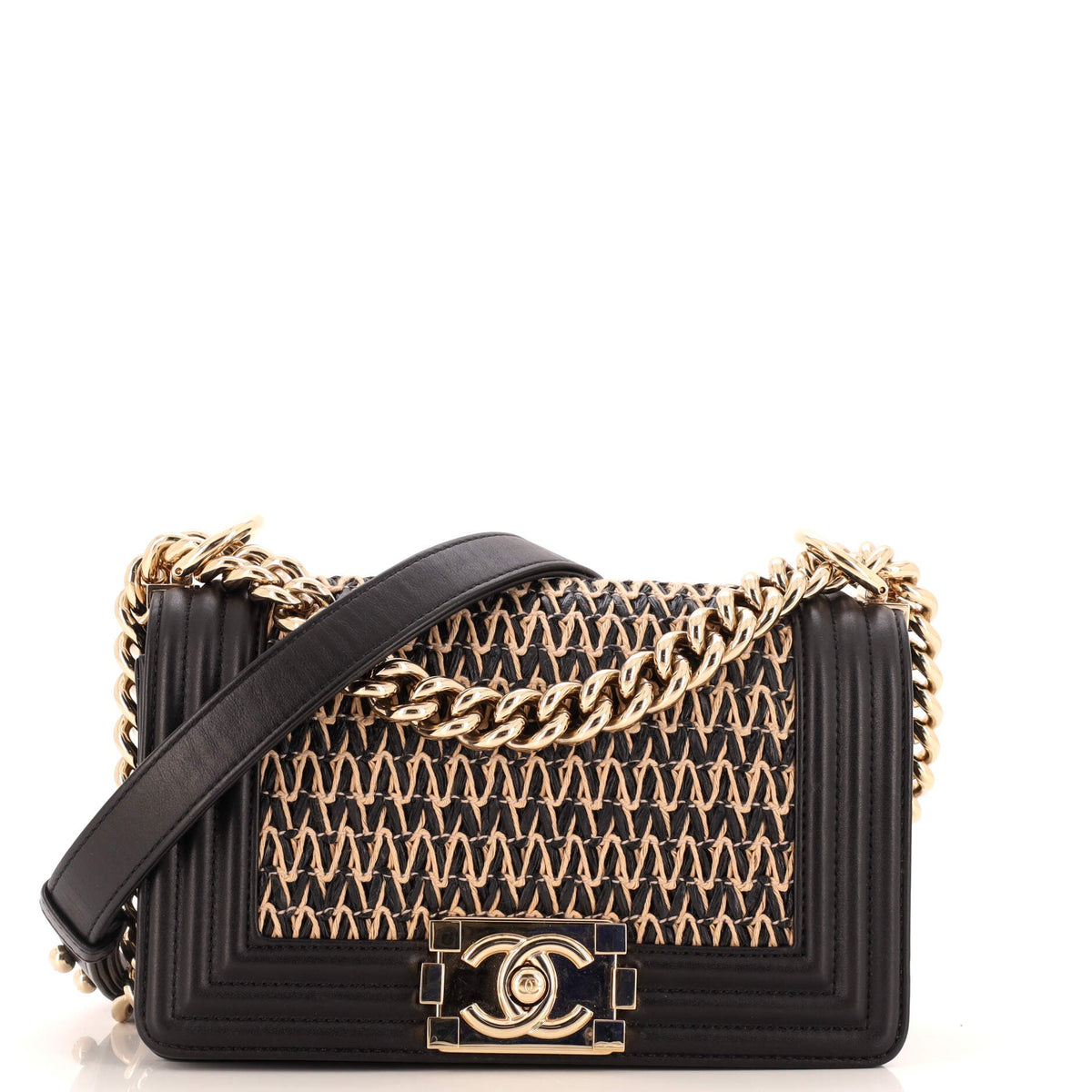 Chanel CHANEL Boy Flap Bag Chevron Woven Raffia and Leather Small