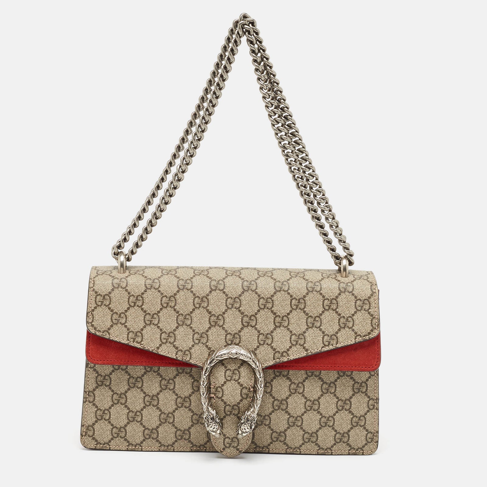 Gucci Kleine Dionysus-Umhängetasche aus GG Supreme-Canvas und Wildleder in Rot/Beige