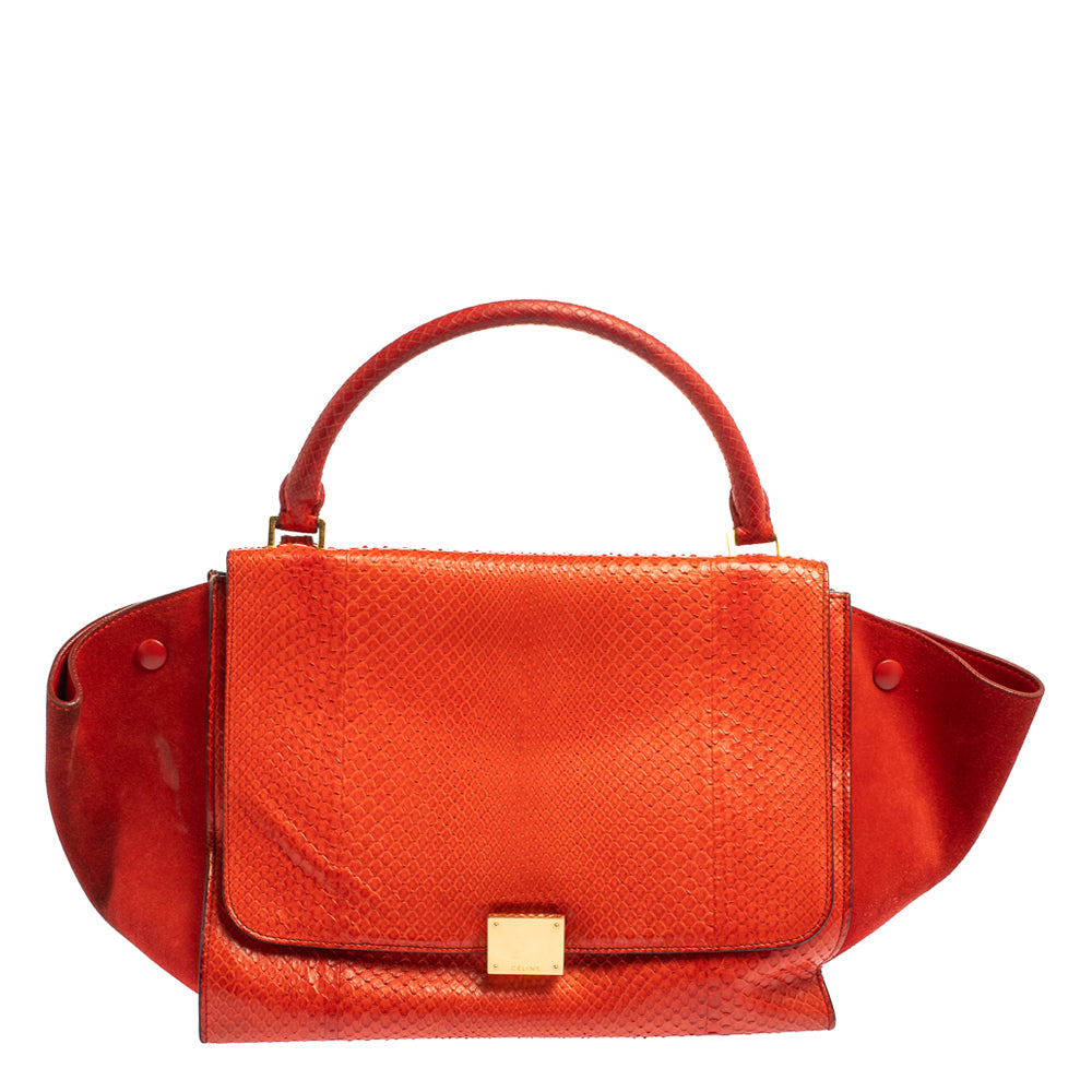 Celine C&eacute;line Red Python and Suede Medium Trapeze Top Handle Bag