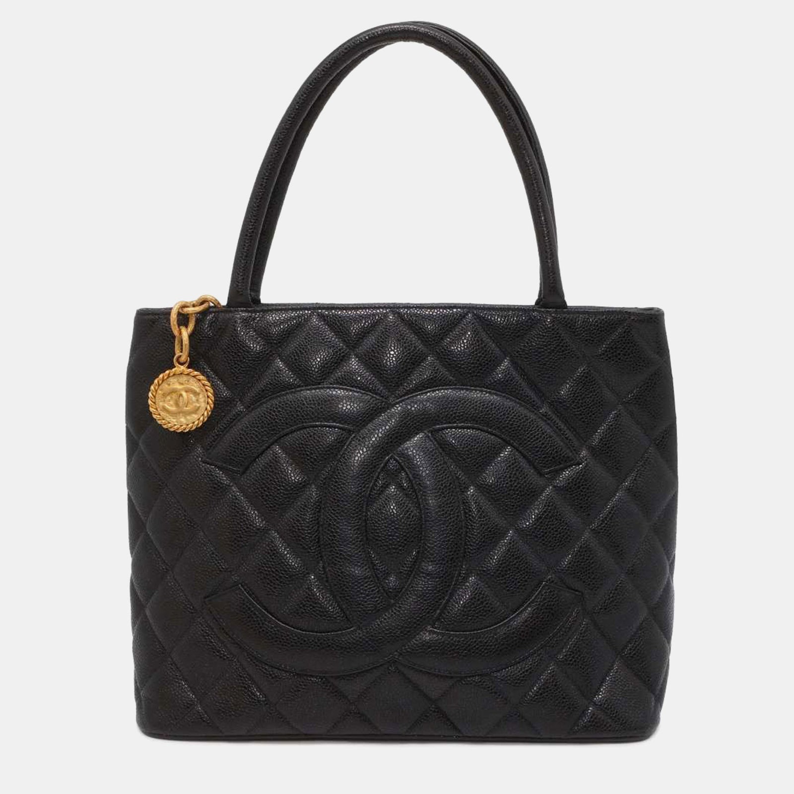 Chanel Sac fourre-tout en cuir caviar noir avec médaillon