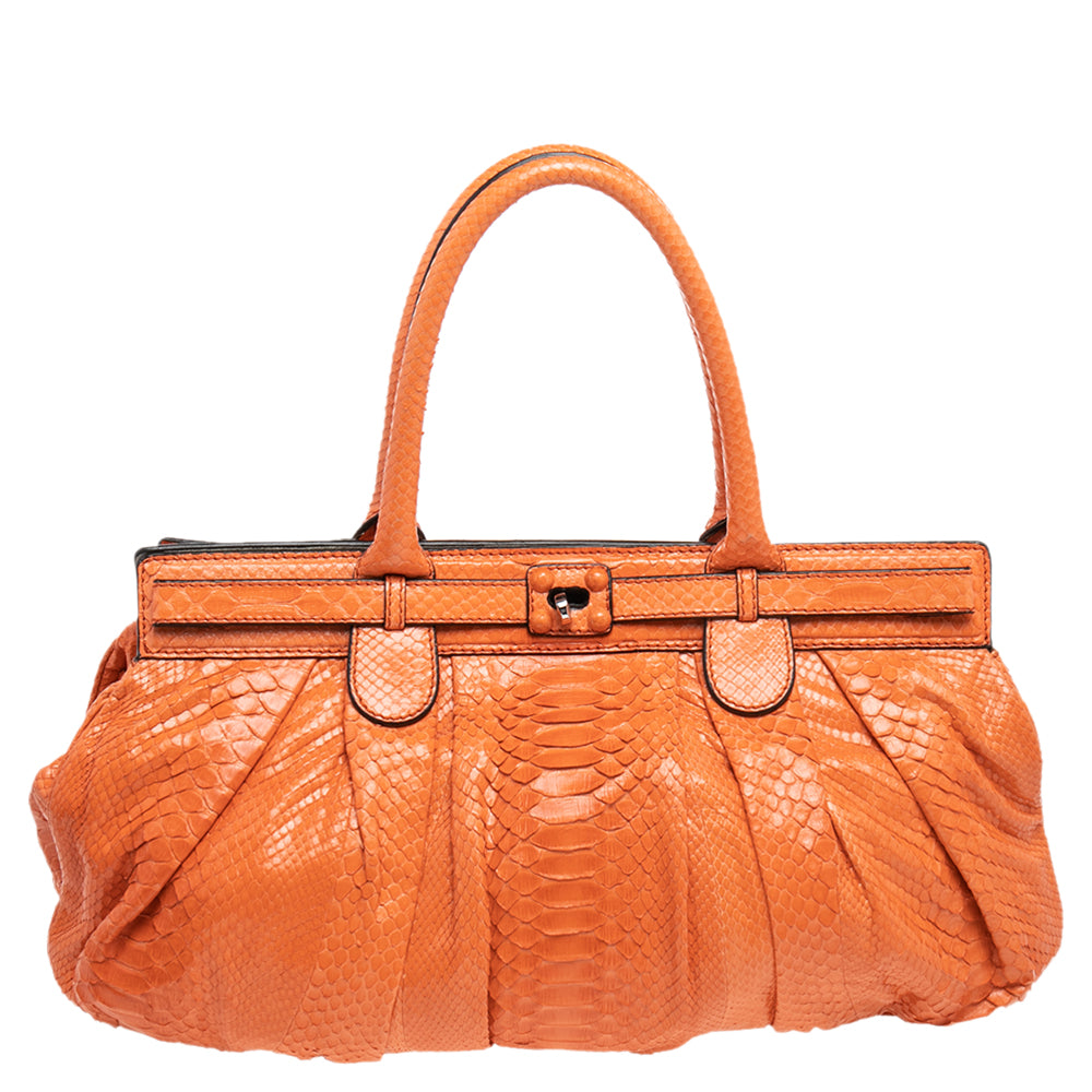 Zagliani Orange Python Leather Puffy Satchel