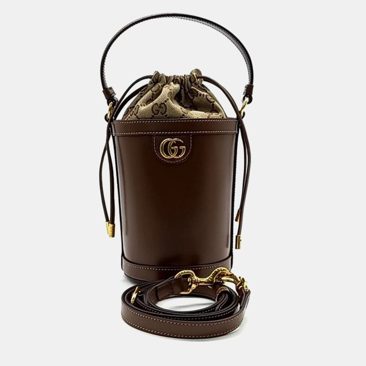 Gucci Brown/Beige Leather and Canvas Mini Ophidia Bucket Bag