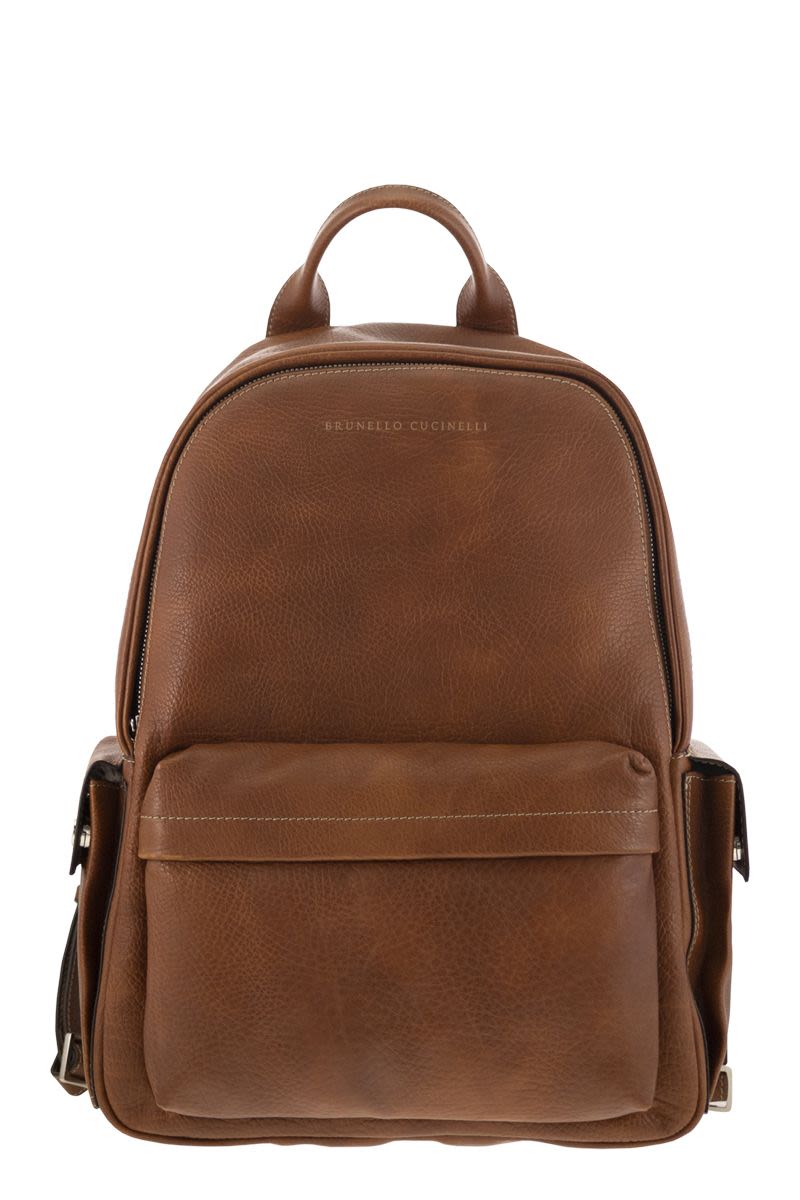 Brunello Cucinelli Men's Calfskin Backpack With Grain in Cognac | MBZIBU243