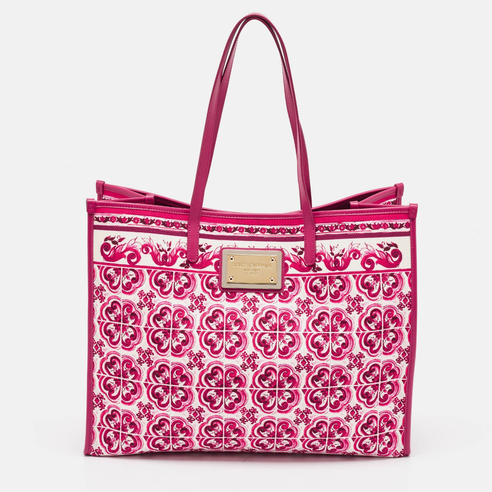 Dolce & Gabbana Großer Shopper aus Canvas mit Majolika-Print in Fuchsia