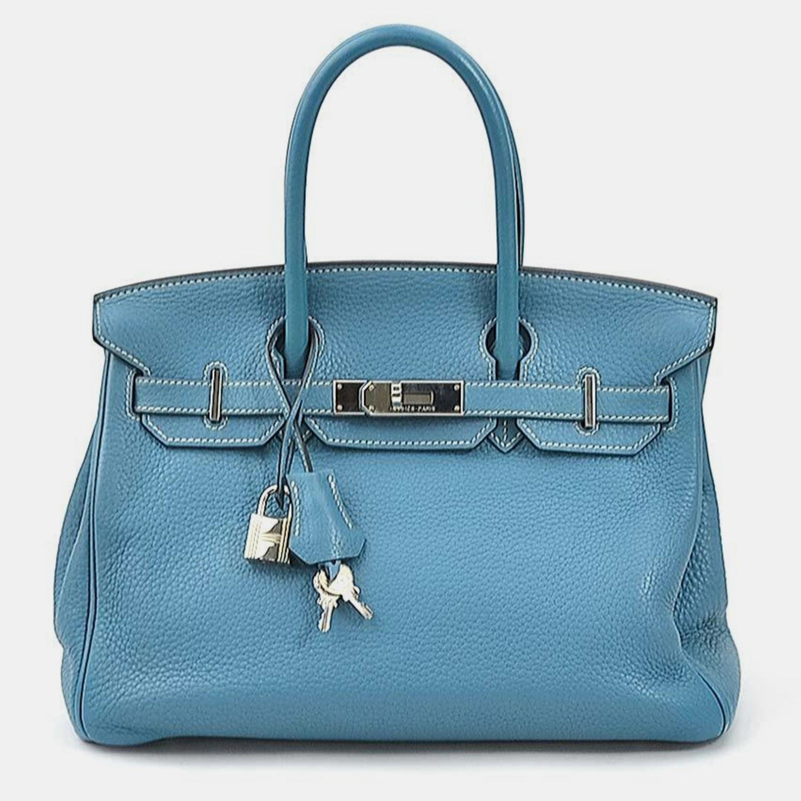 Herm?s Sac à main Birkin 30 Taurillon Clémence Turquoise Argent Femme