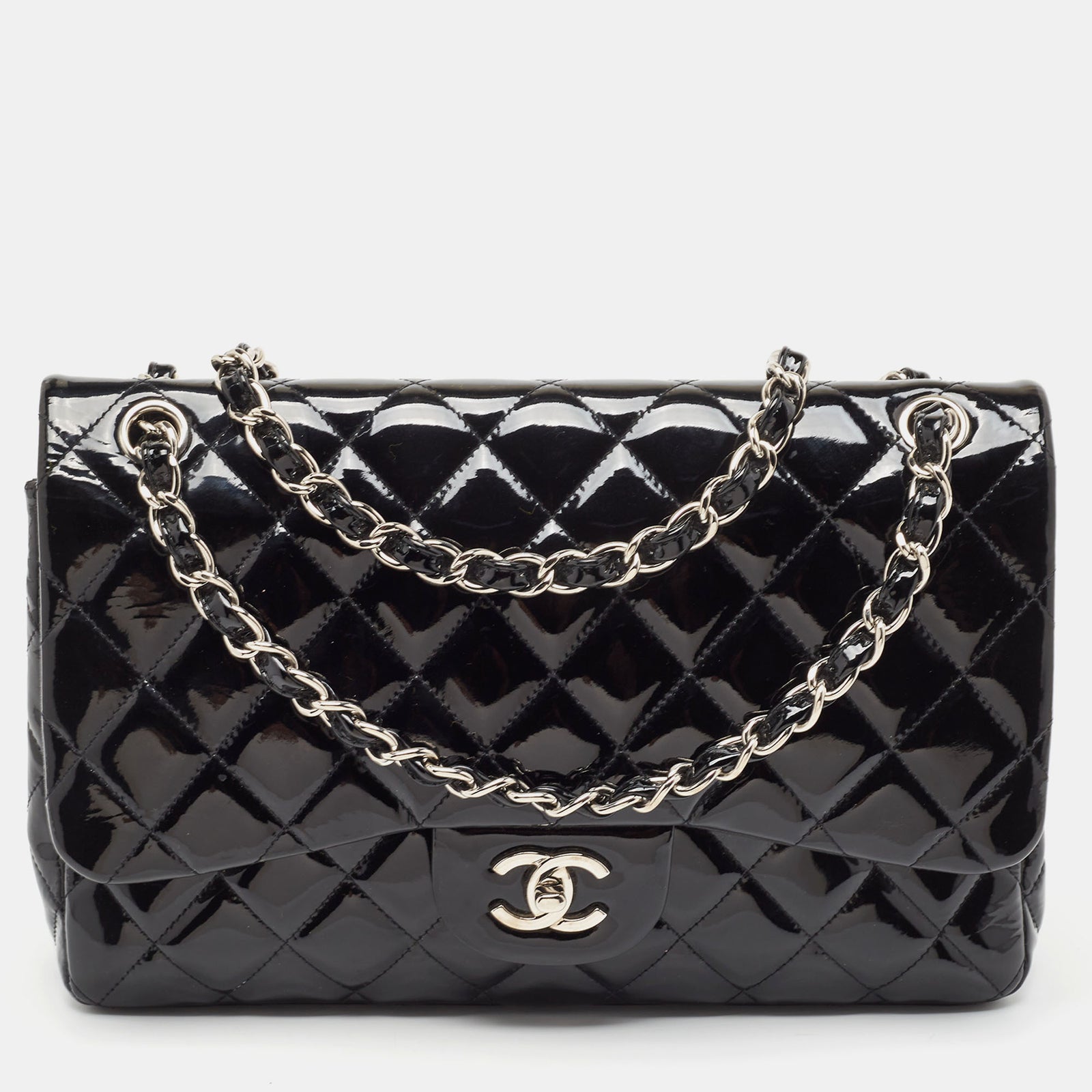 Chanel Black Quilted Patent Leather Jumbo Classic Double Flap Bag