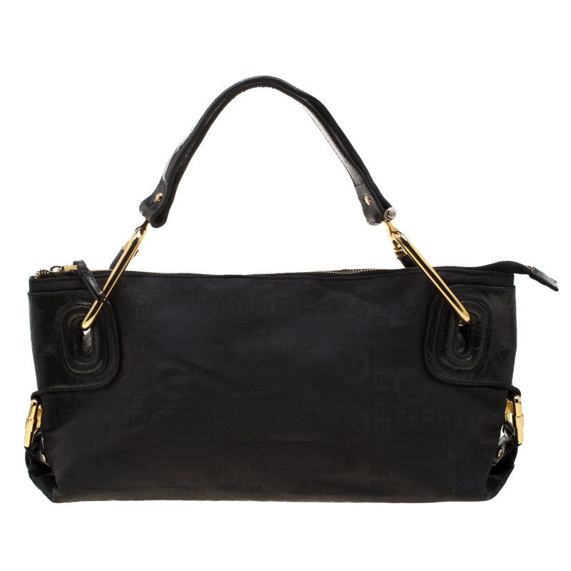 Gianfranco Ferre Black Nylon and Leather Buckle Shoulder Bag