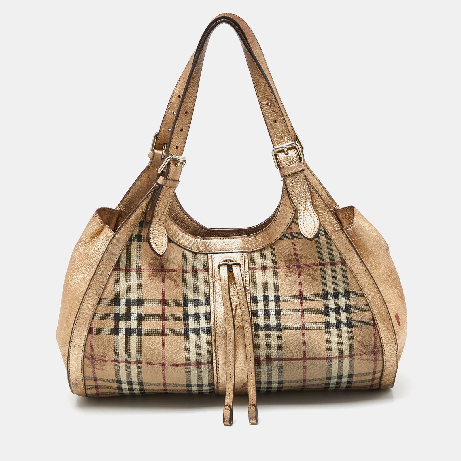 Burberry Beige/Gold Haymarket Check PVC and Leather Hobo