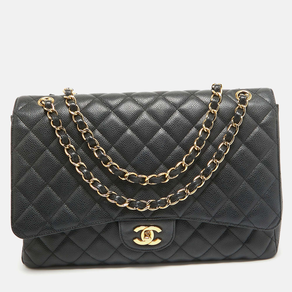 Chanel Black Quilted Caviar Leather Maxi Classic Single Flap Bag