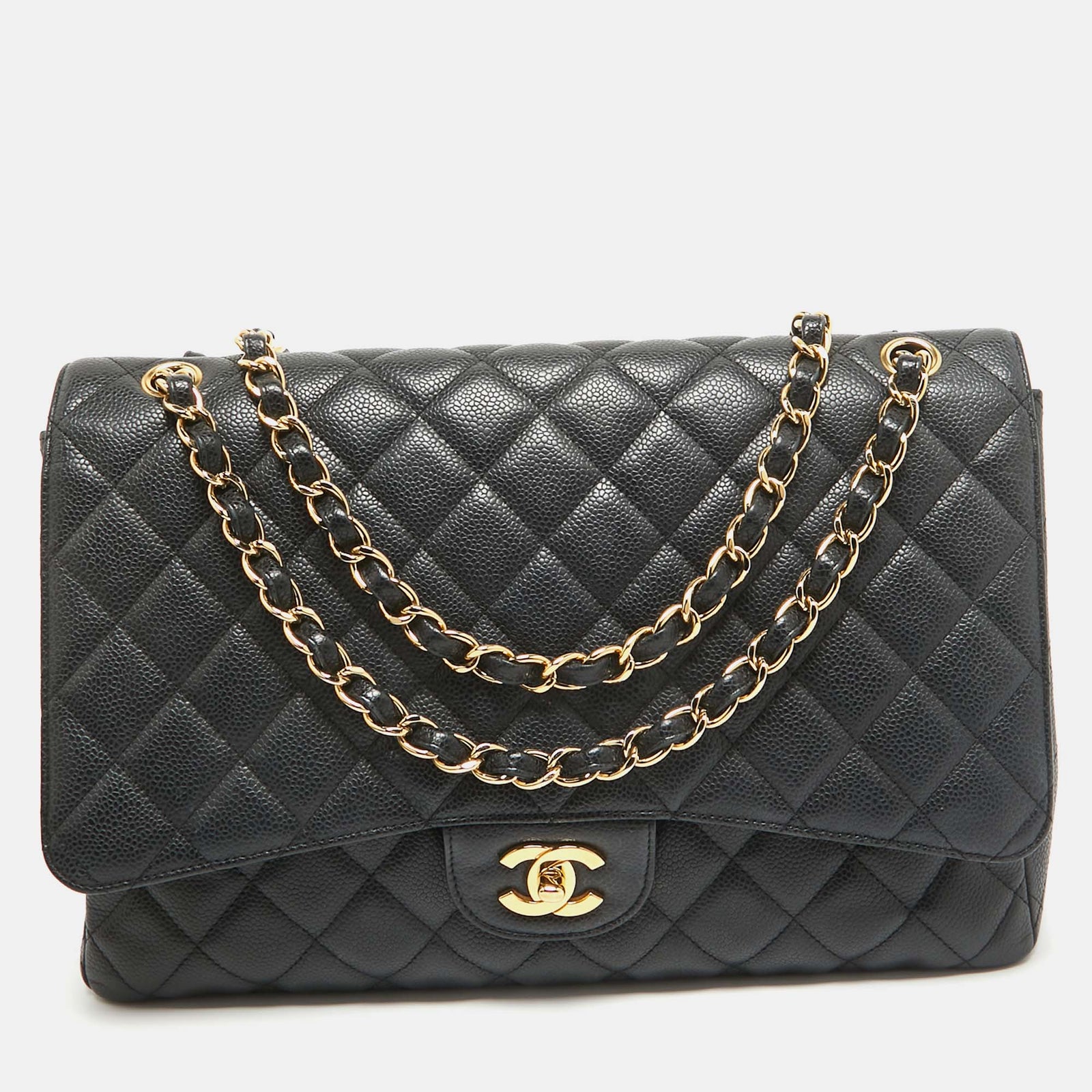 Chanel Sac à rabat classique maxi en cuir caviar matelassé noir