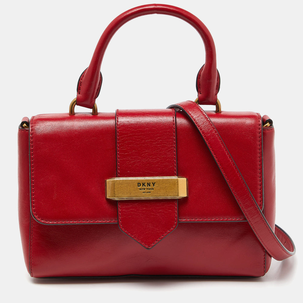 Red Leather Metal Logo Flap Top Handle Bag