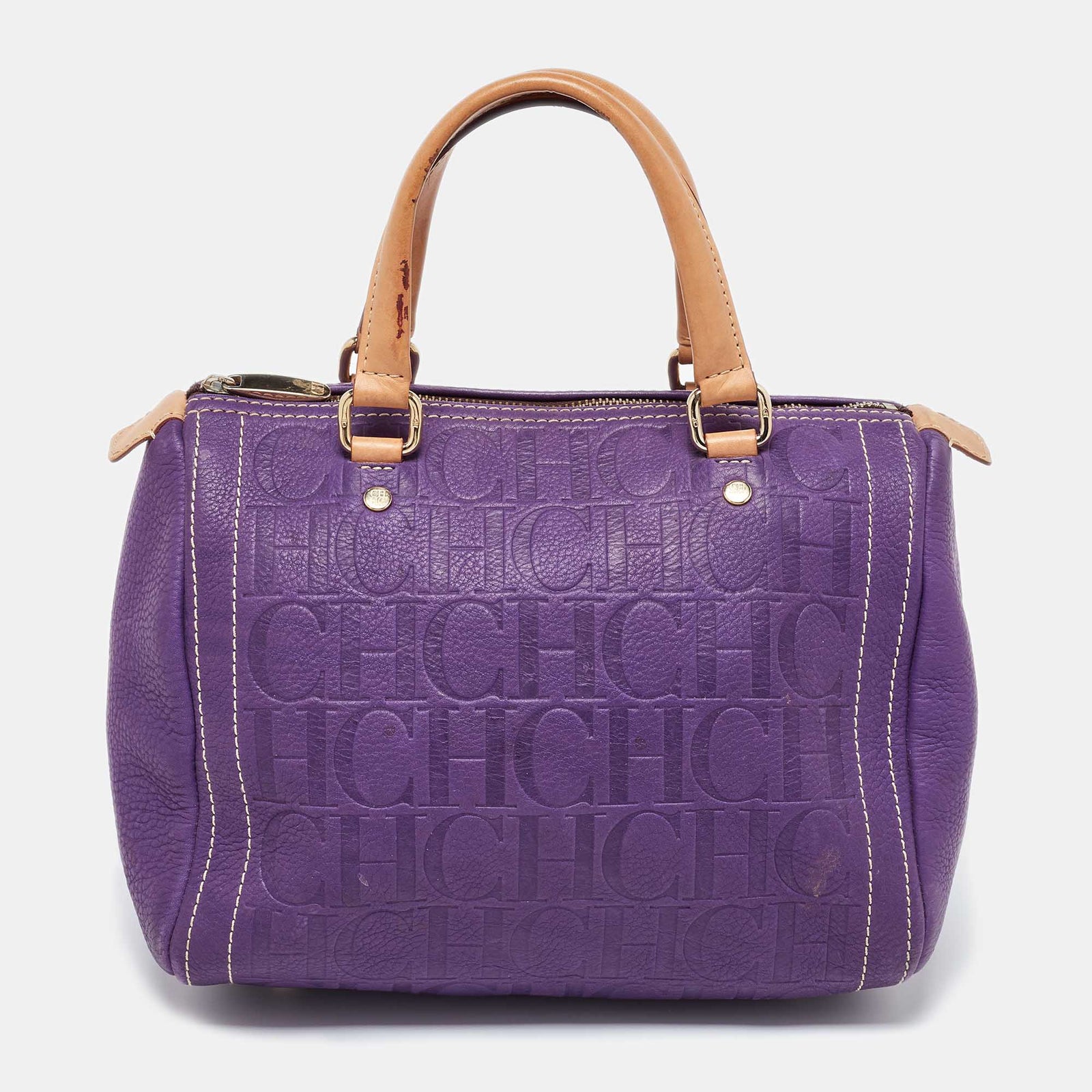 Ch Carolina Herrera Purple Monogram Leather Andy Boston Bag