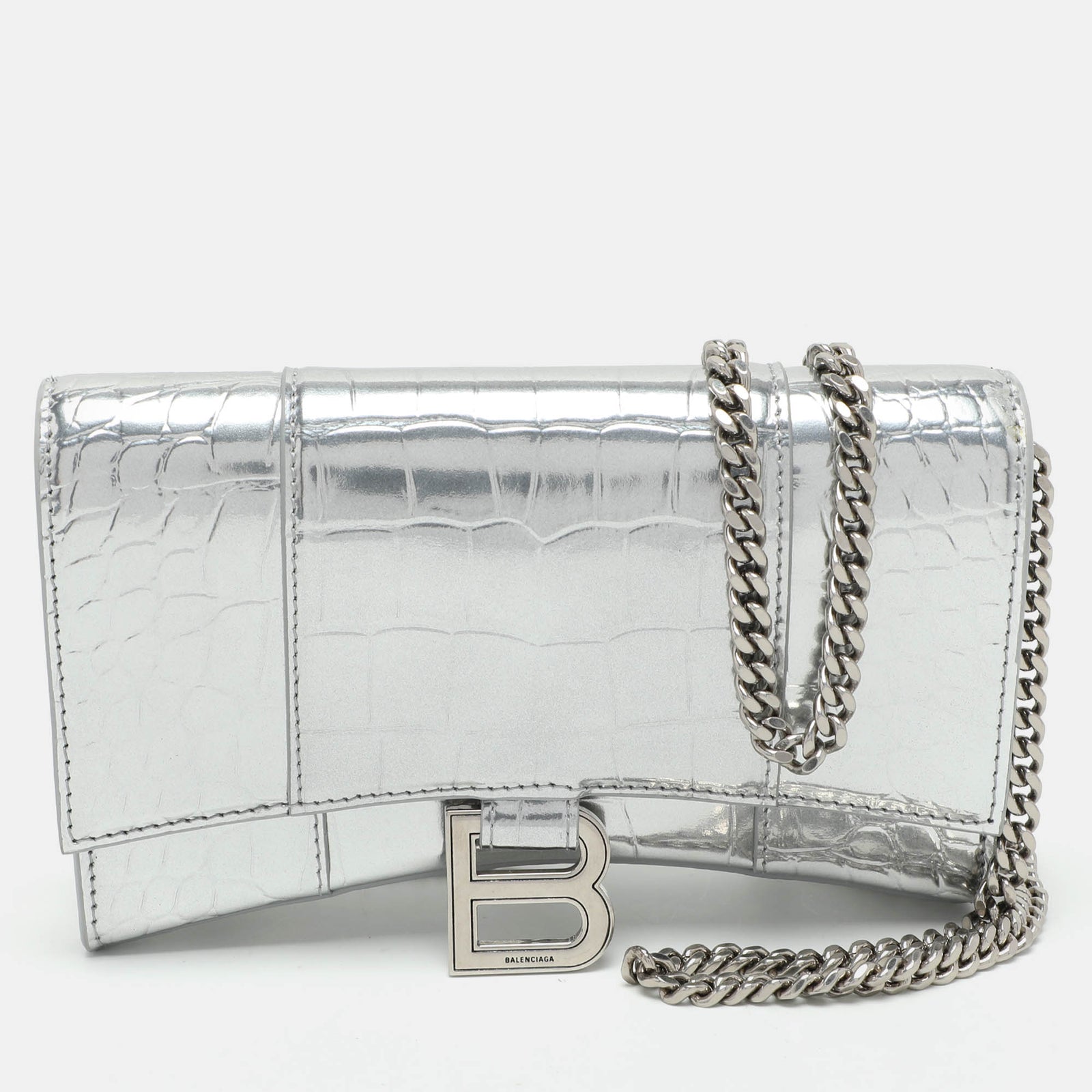 Balenciaga Silver Croc Embossed Leather Hourglass Wallet On Chain