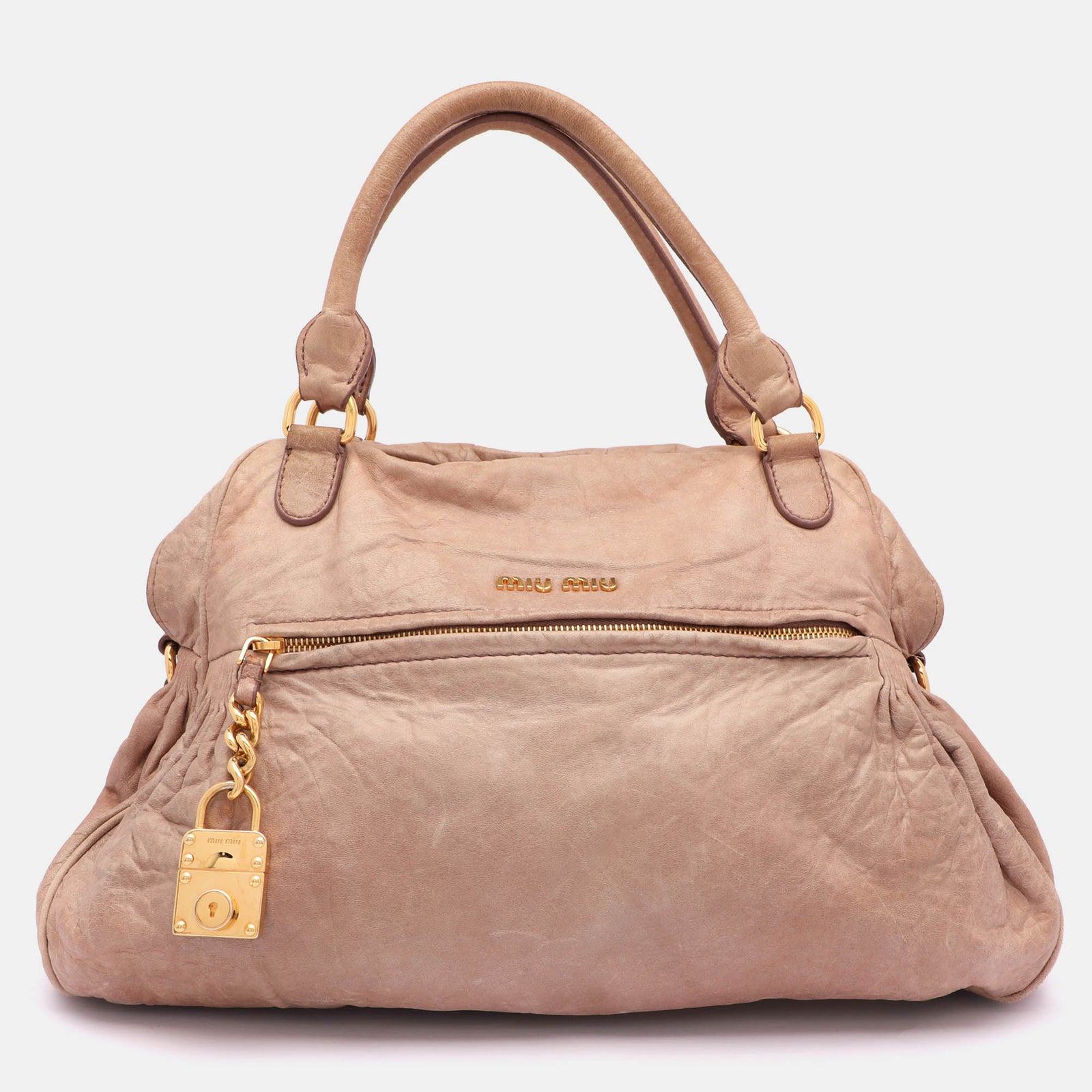 Miu Miu Beige Leather Lily Distressed Satchel