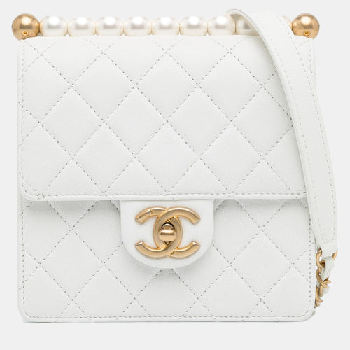 White Small Lambskin Chic Pearls Flap