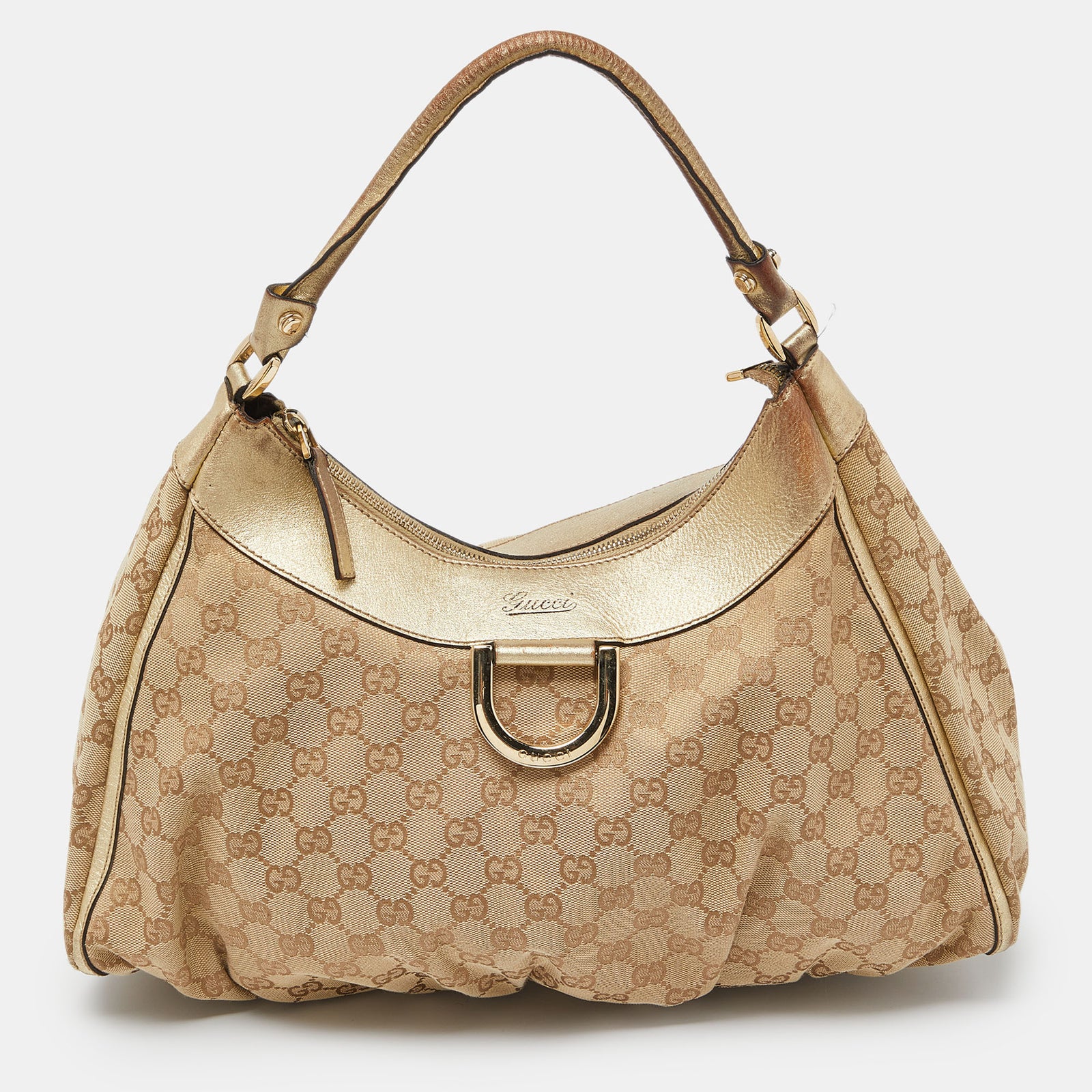 Gucci Grand sac hobo à anneau en D en cuir et toile GG beige/doré