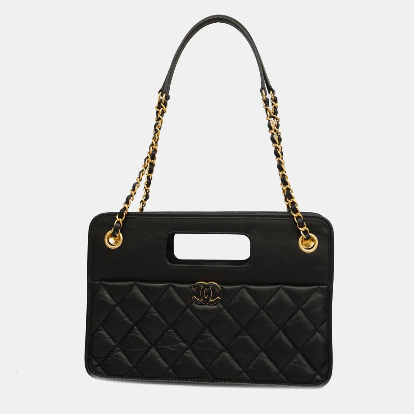 Chanel Black Lambskin Leather Graphic Catch Handle Bag