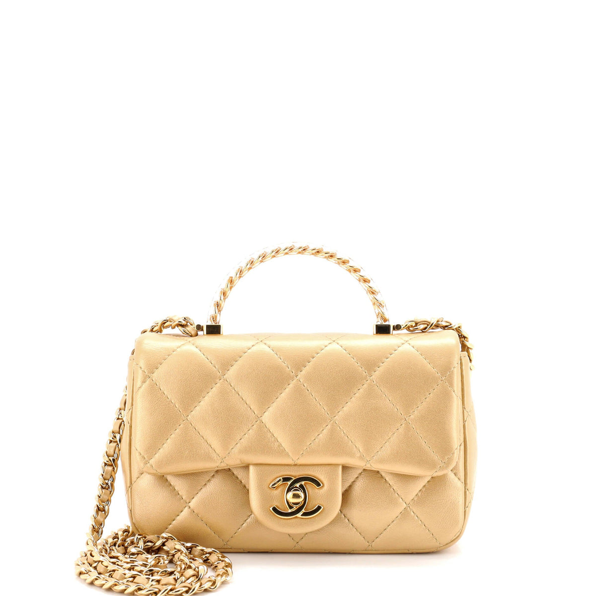 Chanel CHANEL Resin Chain Top Handle Flap Bag Quilted Lambskin Mini