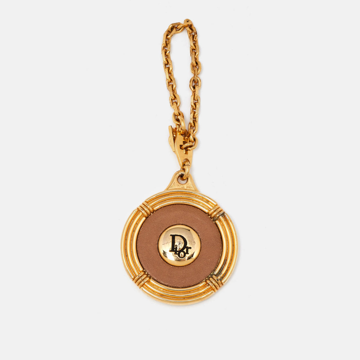 Dior Brown Leather Gold Tone Keychain