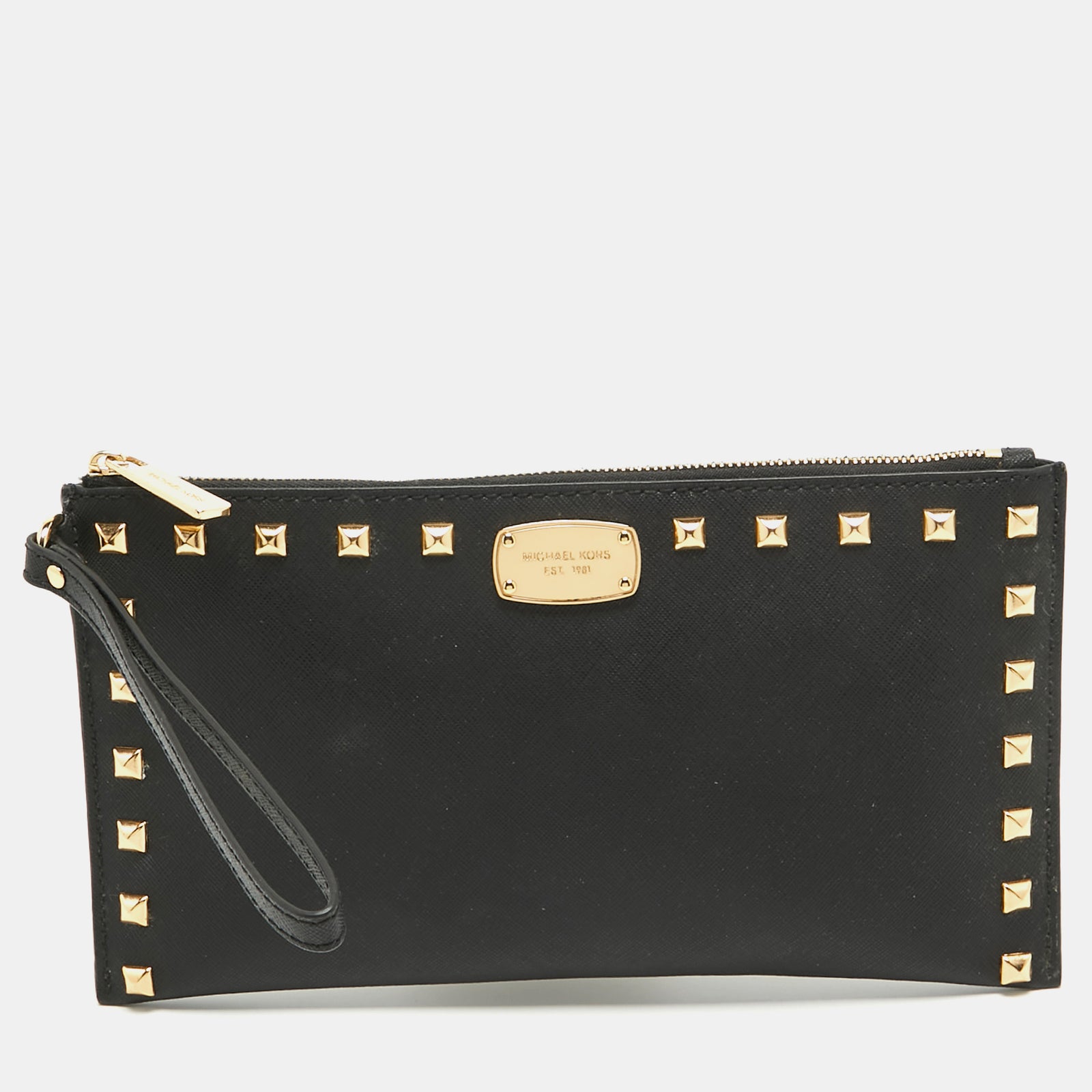 Michael Kors Black Leather Studded Logo Wristlet Pouch