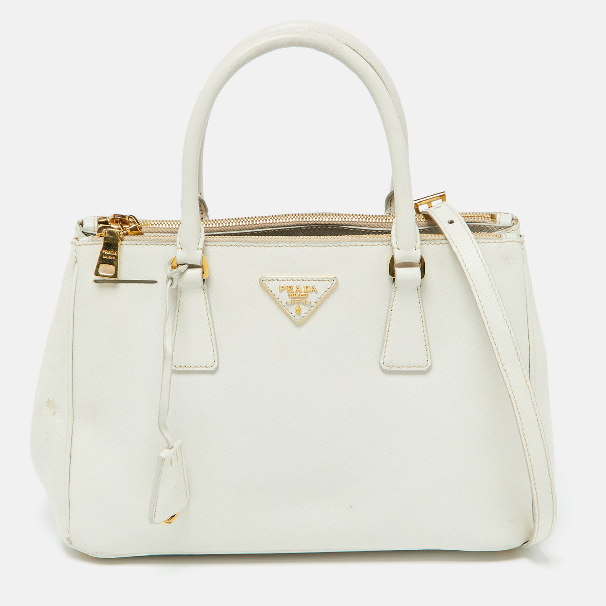 Prada White Saffiano Leather Medium Galleria Double Zip Tote