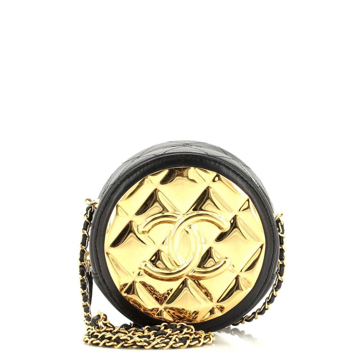 Chanel CHANEL Golden Plate Round Clutch with Chain Quilted Metal and Lambskin Mini