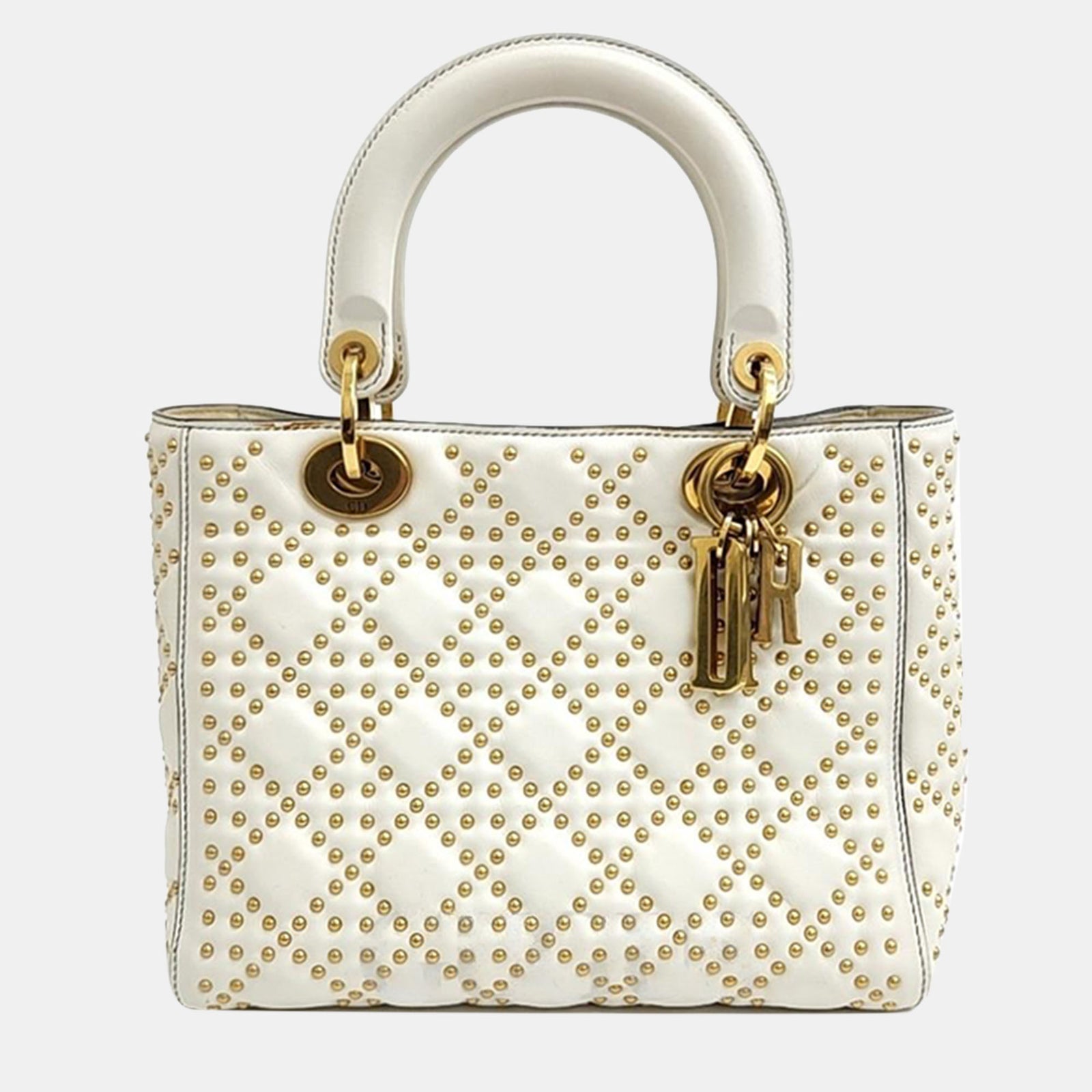 Dior Christian Ivory Leather Studded Cannage Medium Lady Dioe Top Handle Bag