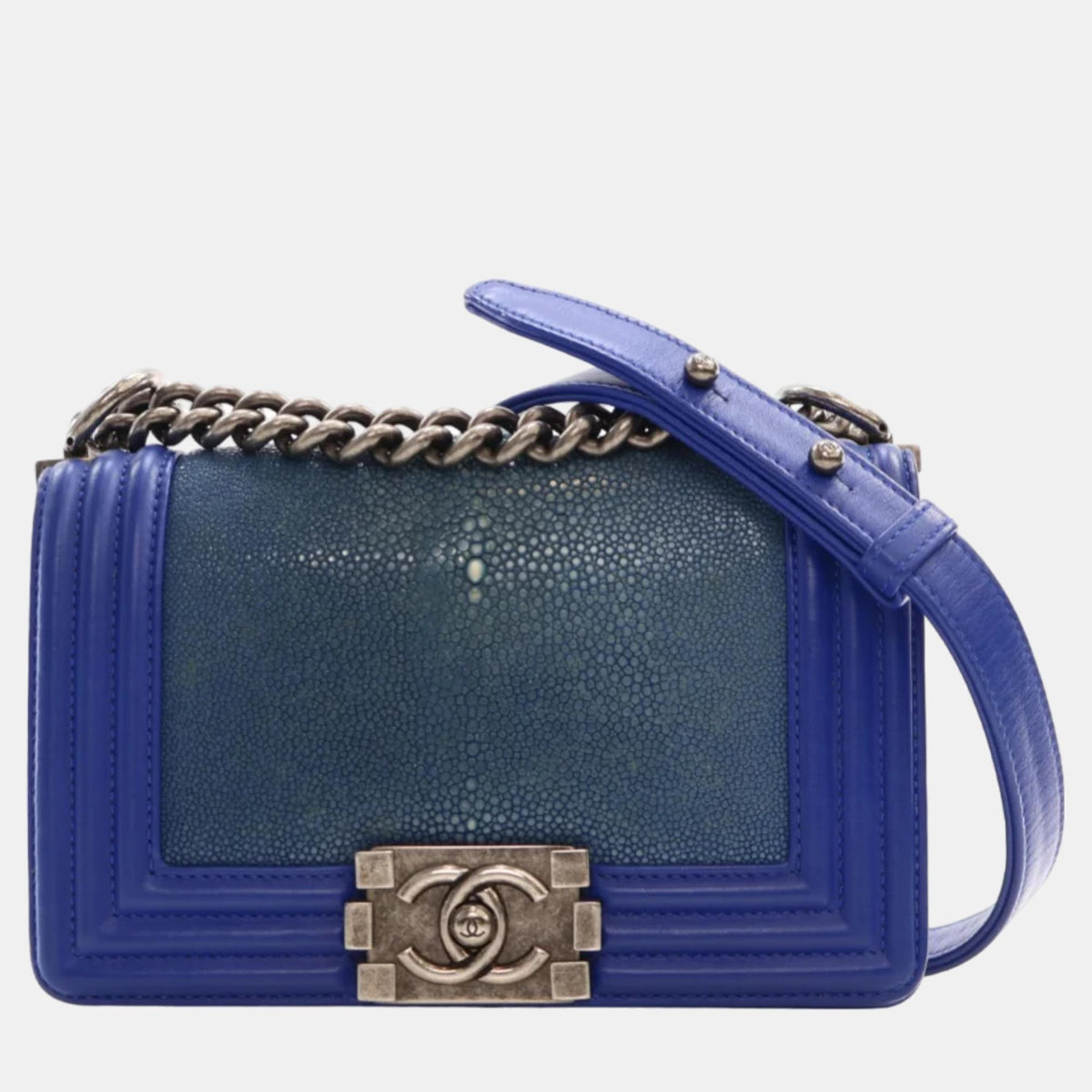 Chanel Blue/Silver Leather Stingray Boy Shoulder Bags